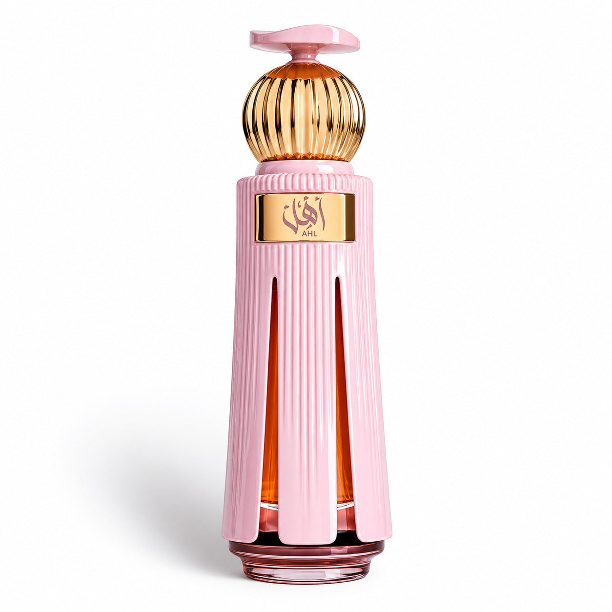 Soghaat Ahl 60ml Extrait de Parfum bottle, pink fluted design with gold cap and Arabic script label.