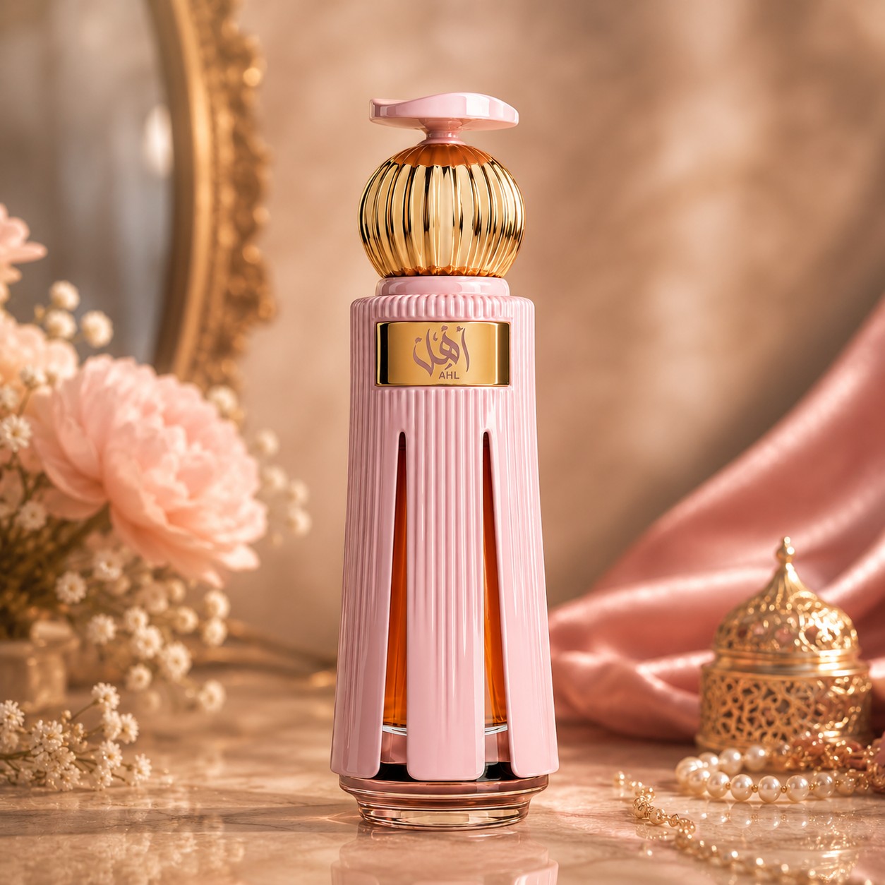 Soghaat Ahl 60ml Extrait de Parfum bottle, pink fluted design with gold accents, unisex fresh oud woody fragrance.