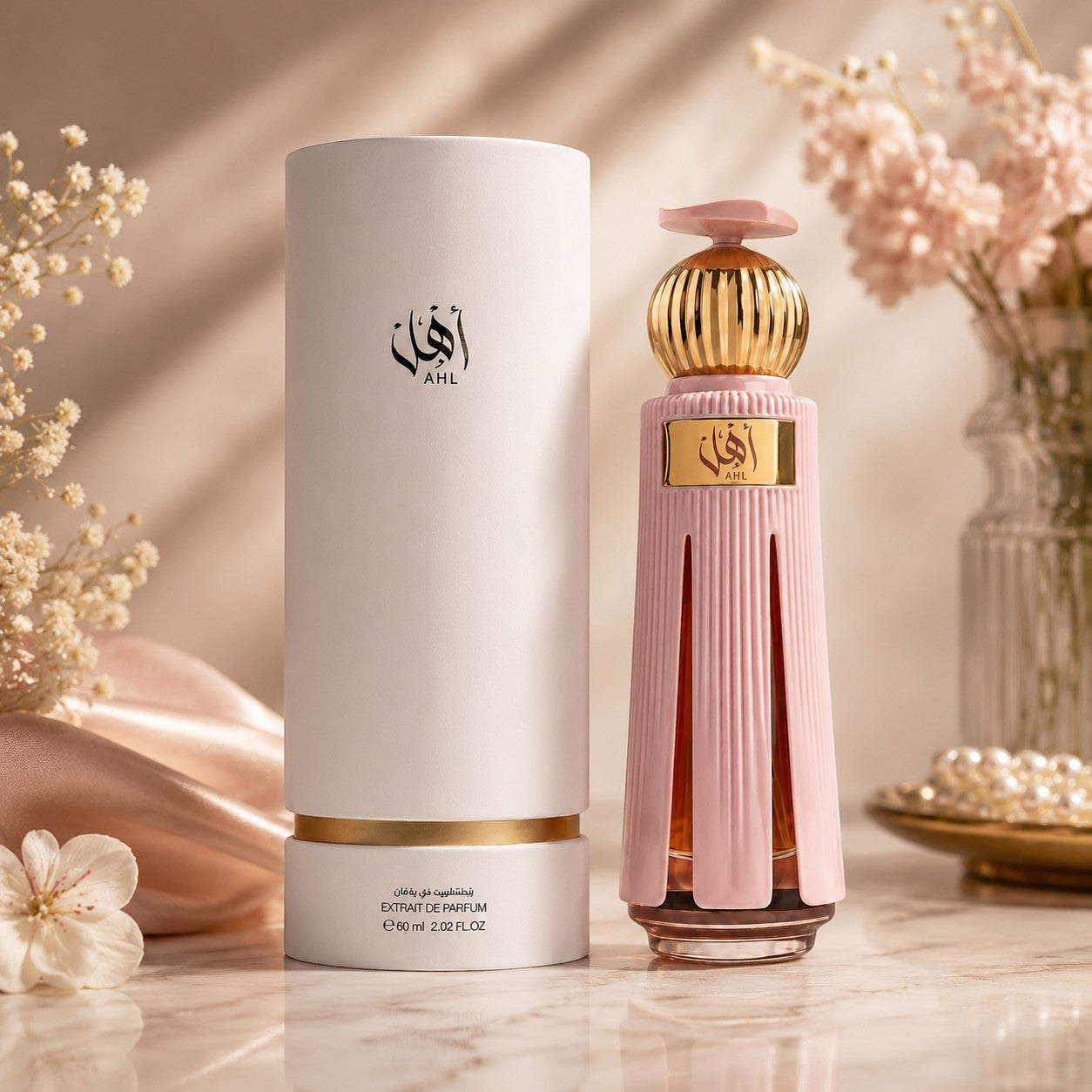 Soghaat Ahl 60ml Extrait de Parfum bottle and packaging. Pink fluted bottle with gold accents and cap. White cylindrical box.