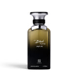 Soghaat Black Fume 100ml Extrait de Parfum in a sleek black and amber glass bottle with a metallic silver cap.