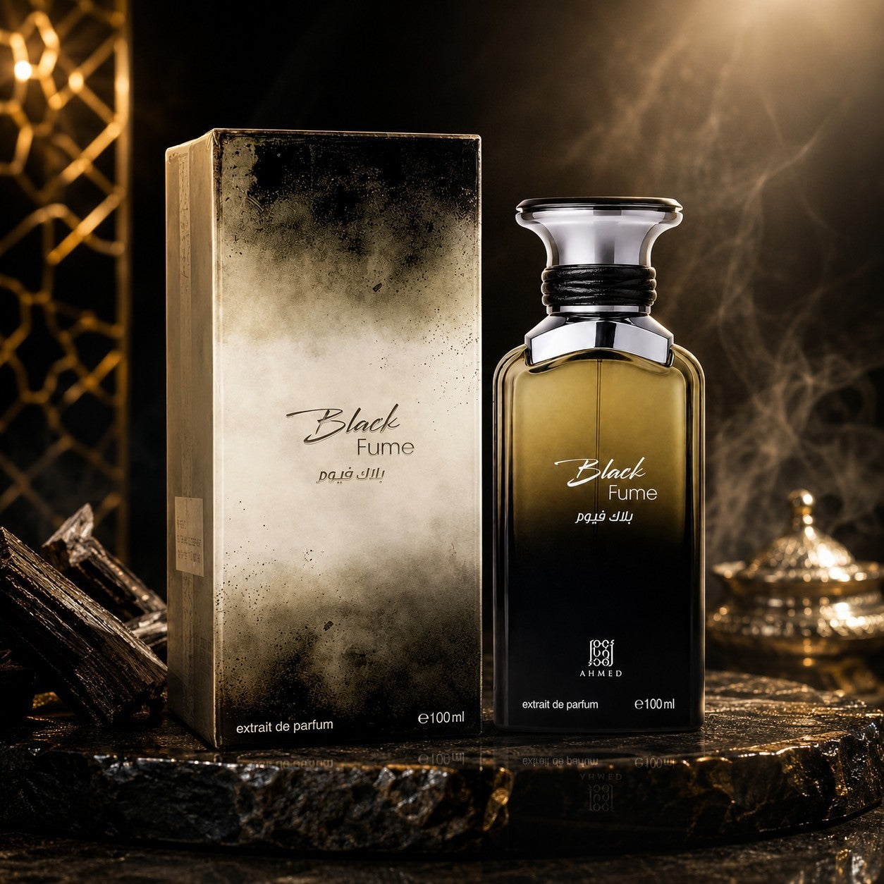 Soghaat Ahmed Al Maghribi Black Fume 100ml Extrait de Parfum bottle and box with smoky, dark, woody aesthetic.