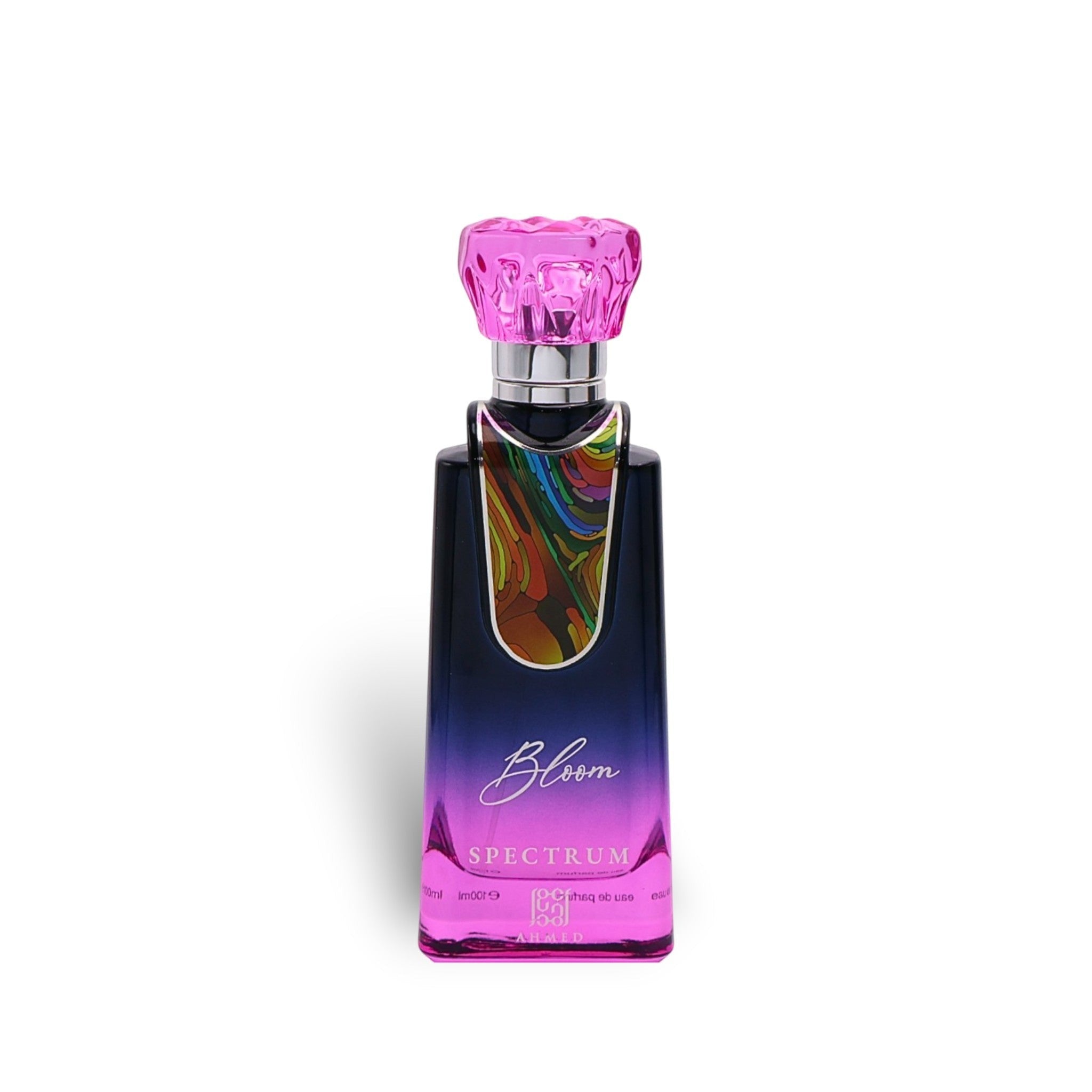 Ahmed Al Maghribi Bloom Spectrum 100ml Eau de Parfum bottle with a pink faceted cap and a gradient blue to pink glass bottle featuring a colorful abstract design.