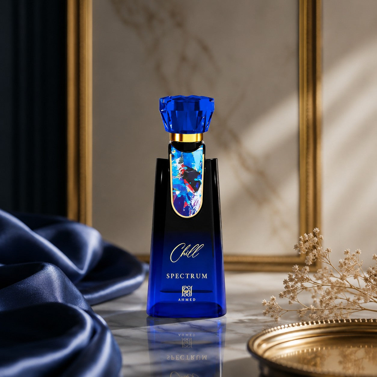 Soghaat Ahmed Al Maghribi Chill Spectrum 100ml Eau de Parfum in a sleek blue glass bottle with a faceted cap.