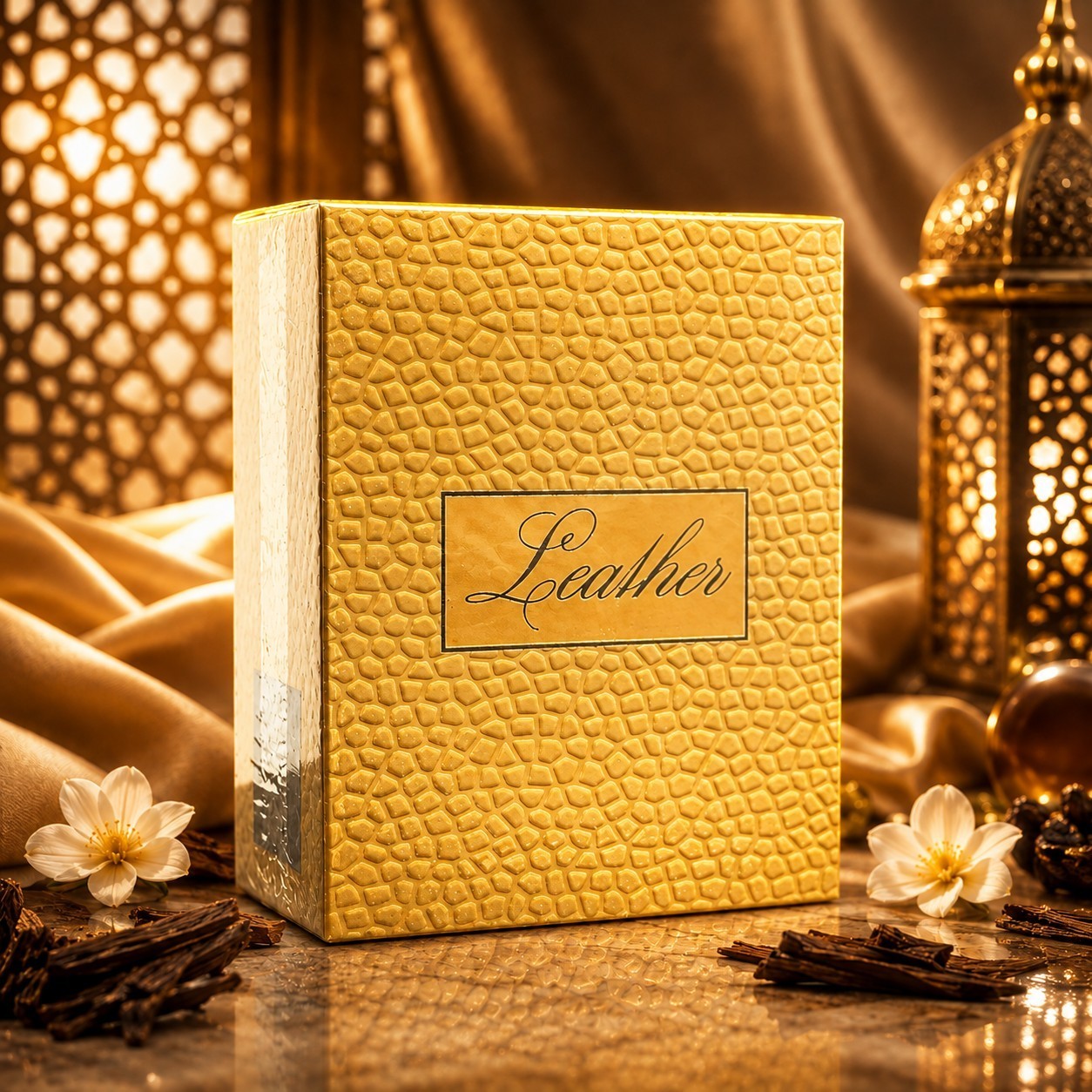 Soghaat Ahmed Al Maghribi Leather 50ml Eau de Parfum box with gold textured finish, surrounded by jasmine and wood.