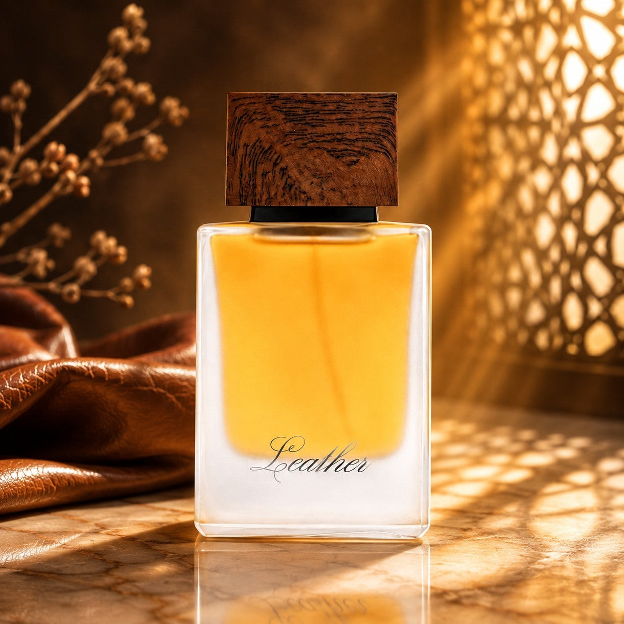 Soghaat Ahmed Al Maghribi Leather 50ml Eau de Parfum in a frosted glass bottle with a wooden cap on a marble surface.