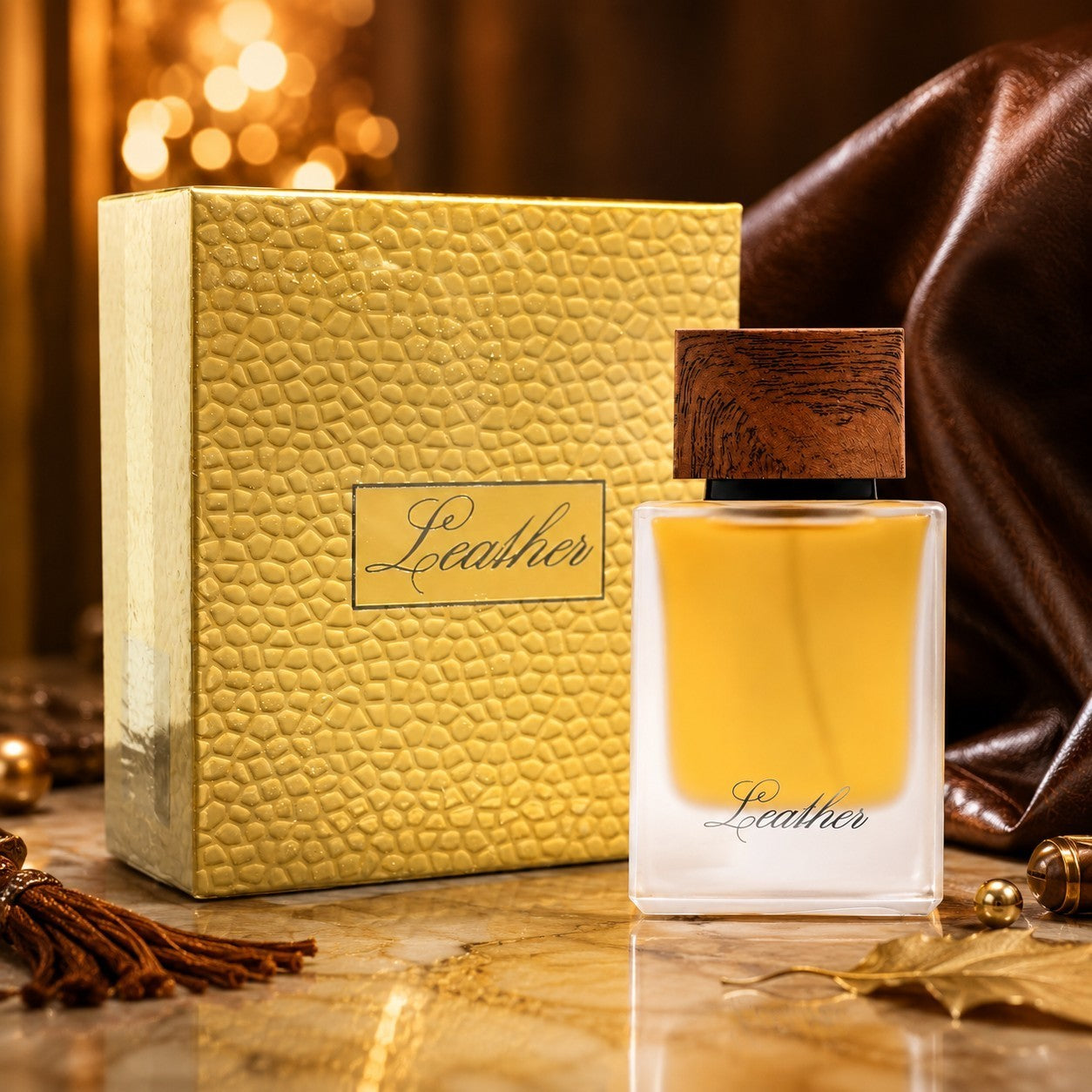 Soghaat Leather 50ml Eau de Parfum bottle with wooden cap and textured gold box on a marble surface with leather