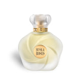 Soghaat Ahmed Al Maghribi Musk & Roses Extrait de Parfum in a frosted glass bottle with a gold label and floral cap.