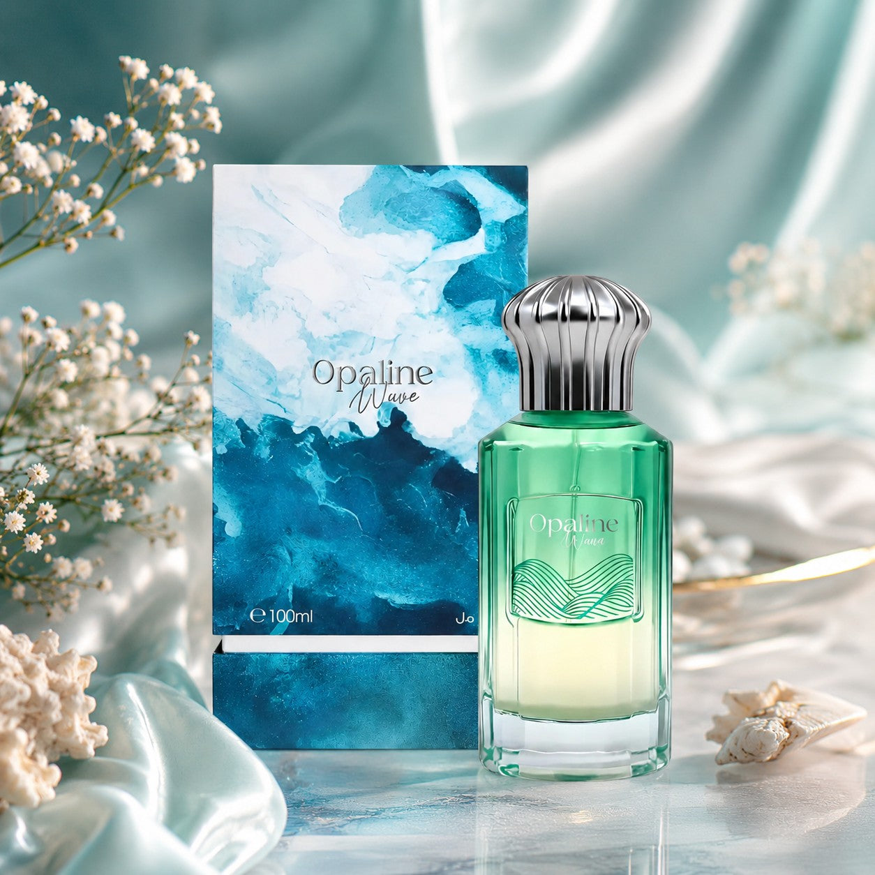 Soghaat Ahmed Al Maghribi Opaline Wave unisex extrait de parfum bottle and box with blue wave art on satin fabric.