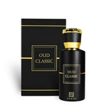 Soghaat Ahmed Al Maghribi Oud Classic Eau de Parfum in a sleek black bottle with gold accents and matching box.