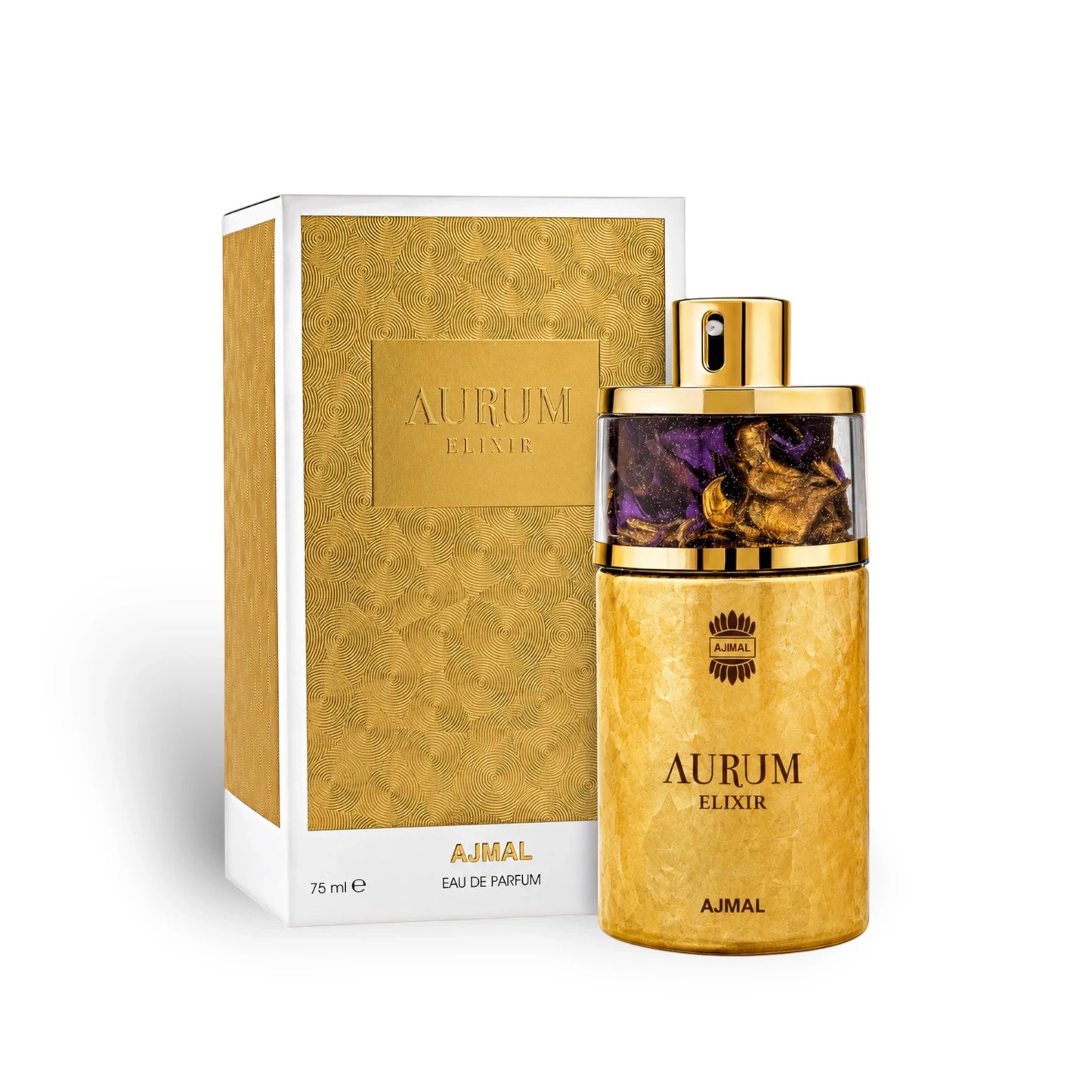 Soghaat Ajmal Aurum Elixir 75ml Eau de Parfum in a gold bottle with purple accents and matching gold gift box.
