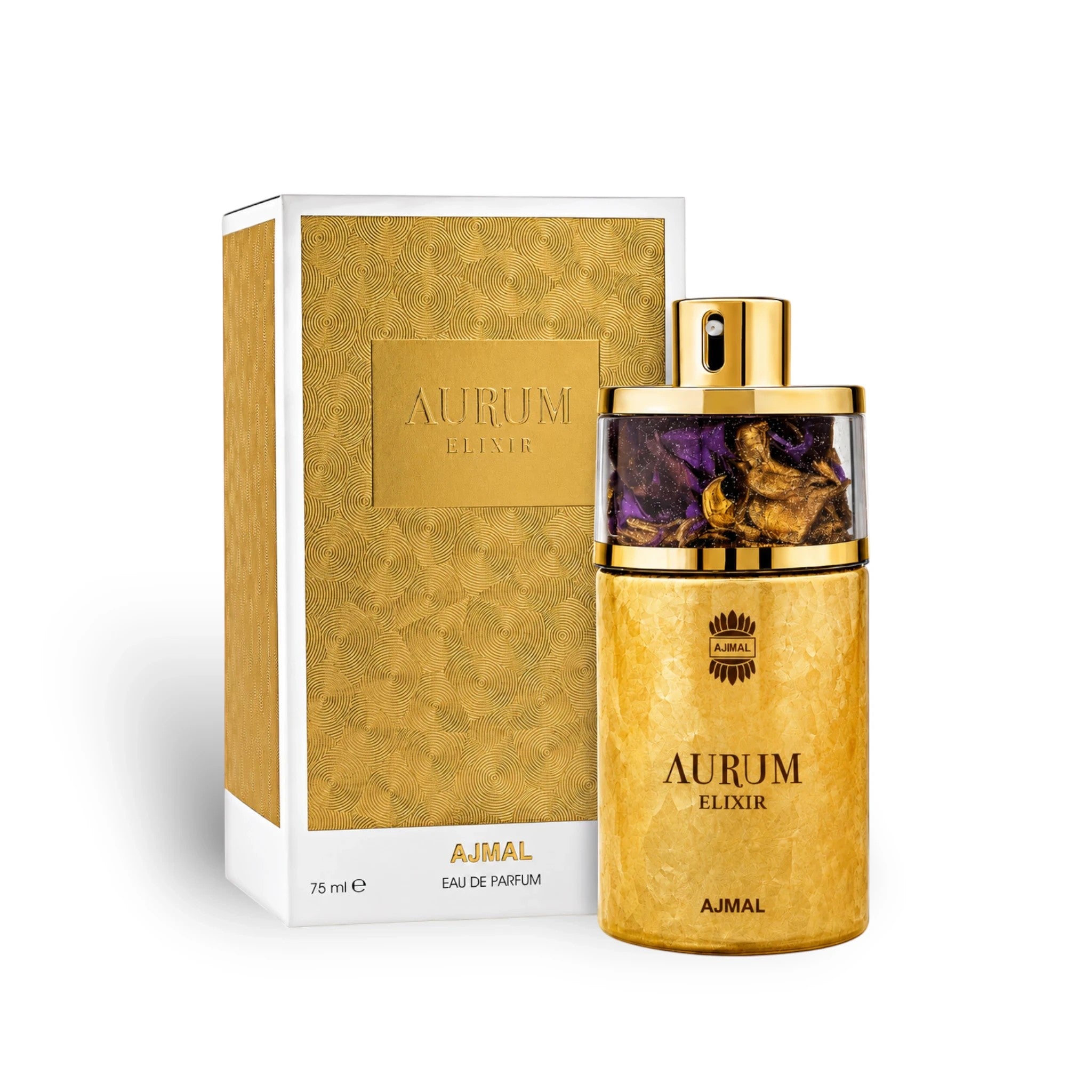 Soghaat Ajmal Aurum Elixir 75ml Eau de Parfum in a gold bottle with purple accents and matching gold gift box.