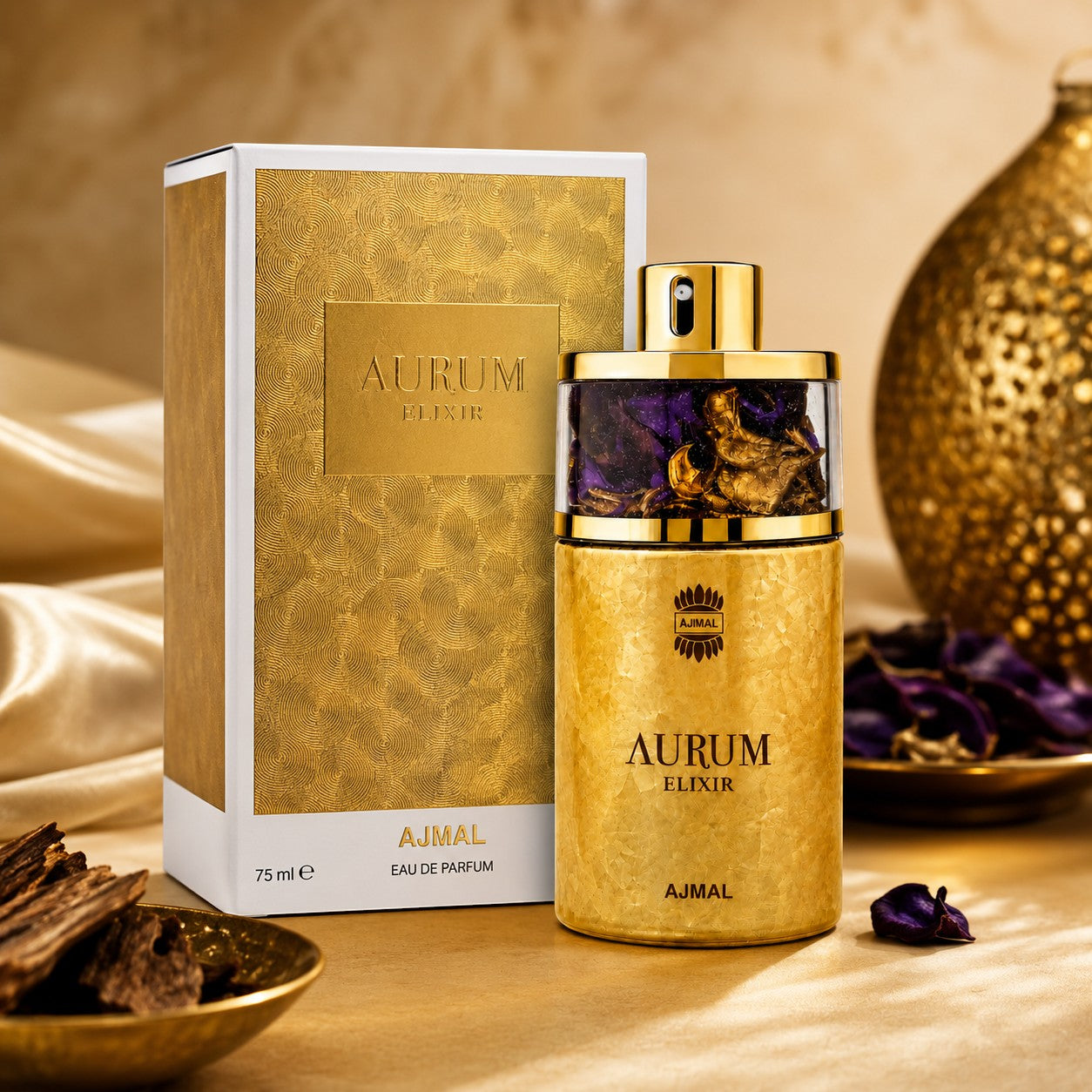Soghaat Ajmal Aurum Elixir 75ml Eau de Parfum in a gold bottle with purple accents, displayed with its luxury box.
