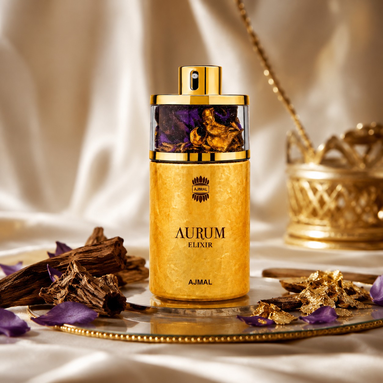 Soghaat Ajmal Aurum Elixir Eau de Parfum in a luxury gold bottle with purple accents, displayed on a silk surface.