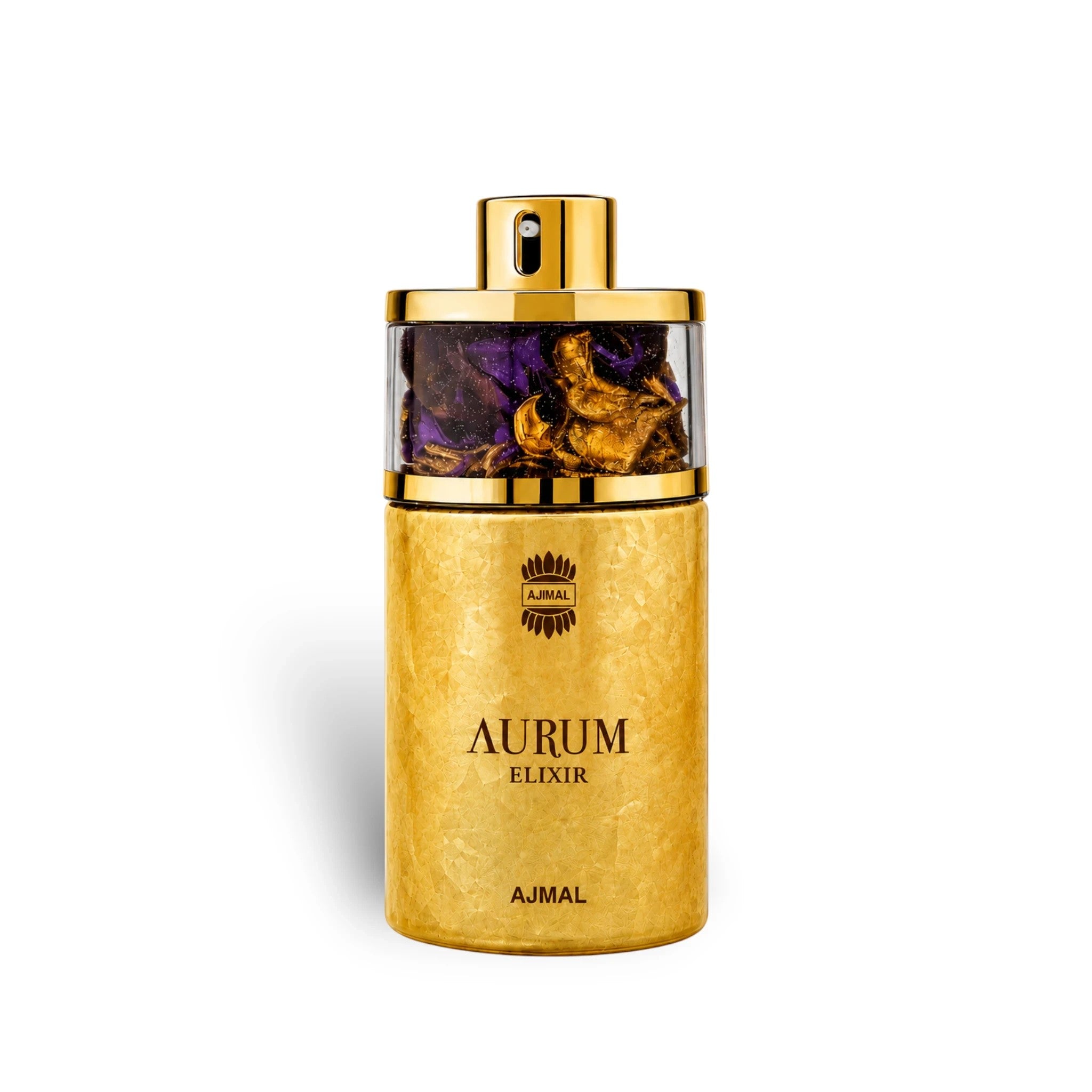 Soghaat Ajmal Aurum Elixir Eau de Parfum in a gold textured bottle with a clear top containing purple and gold petals.