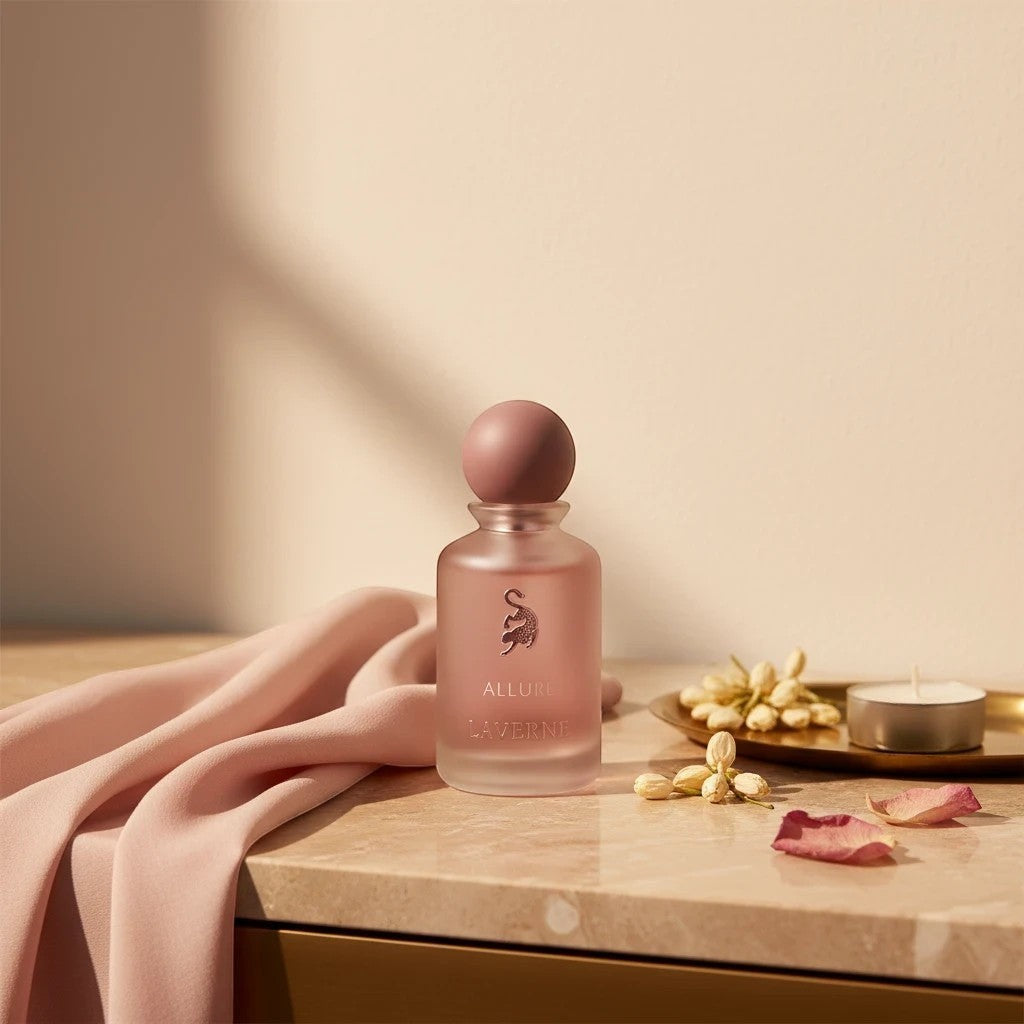Soghaat Allure 100ml Eau de Parfum for women, a fruity floral gourmand with a pink cap and frosted glass bottle.