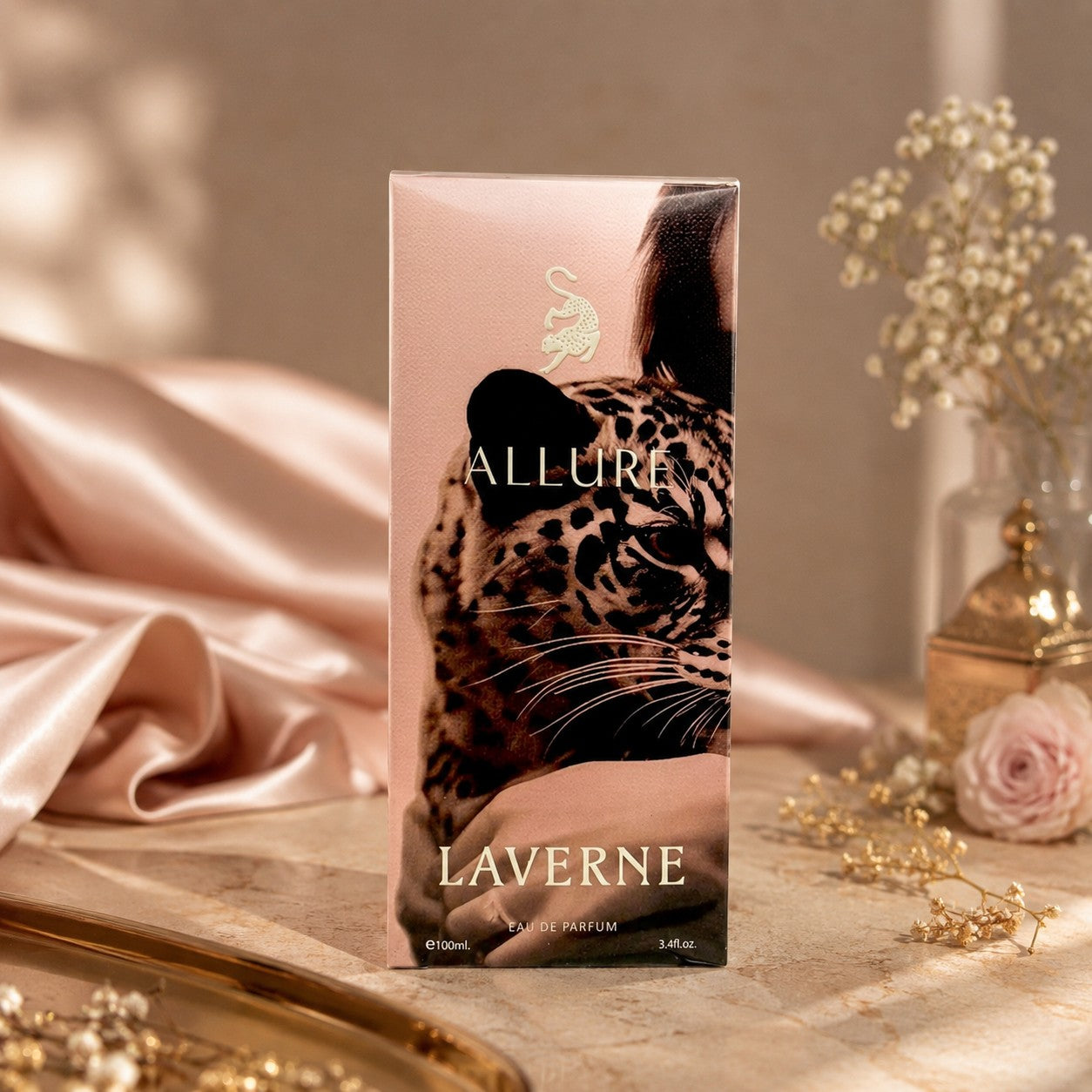 Soghaat Allure 100ml Eau de Parfum for women, a fruity floral gourmand fragrance with a leopard print design.