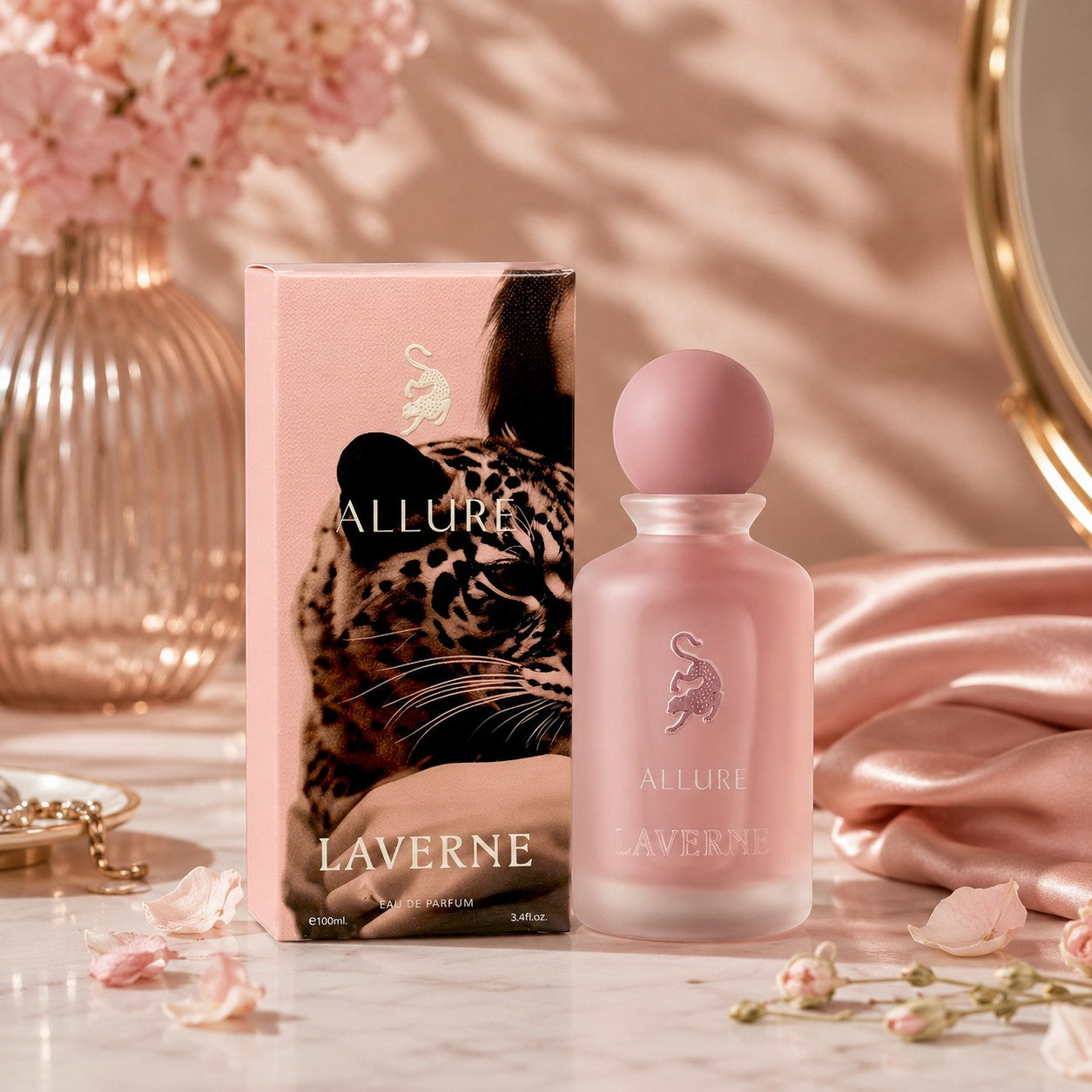 Soghaat Allure 100ml Eau de Parfum for women, a fruity floral gourmand fragrance in a pink frosted bottle with a leopard design on the box.