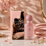 Soghaat Allure 100ml Eau de Parfum for women, a fruity floral gourmand fragrance in a pink frosted bottle with a leopard design on the box.