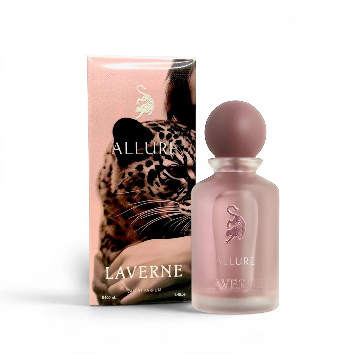 Soghaat Allure 100ml Eau de Parfum for women, a fruity floral gourmand fragrance with a pink frosted bottle and leopard print box.