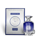 Soghaat Anfar Artisan Blu 100ml Extrait de Parfum bottle and box with blue glass and silver metallic accents.