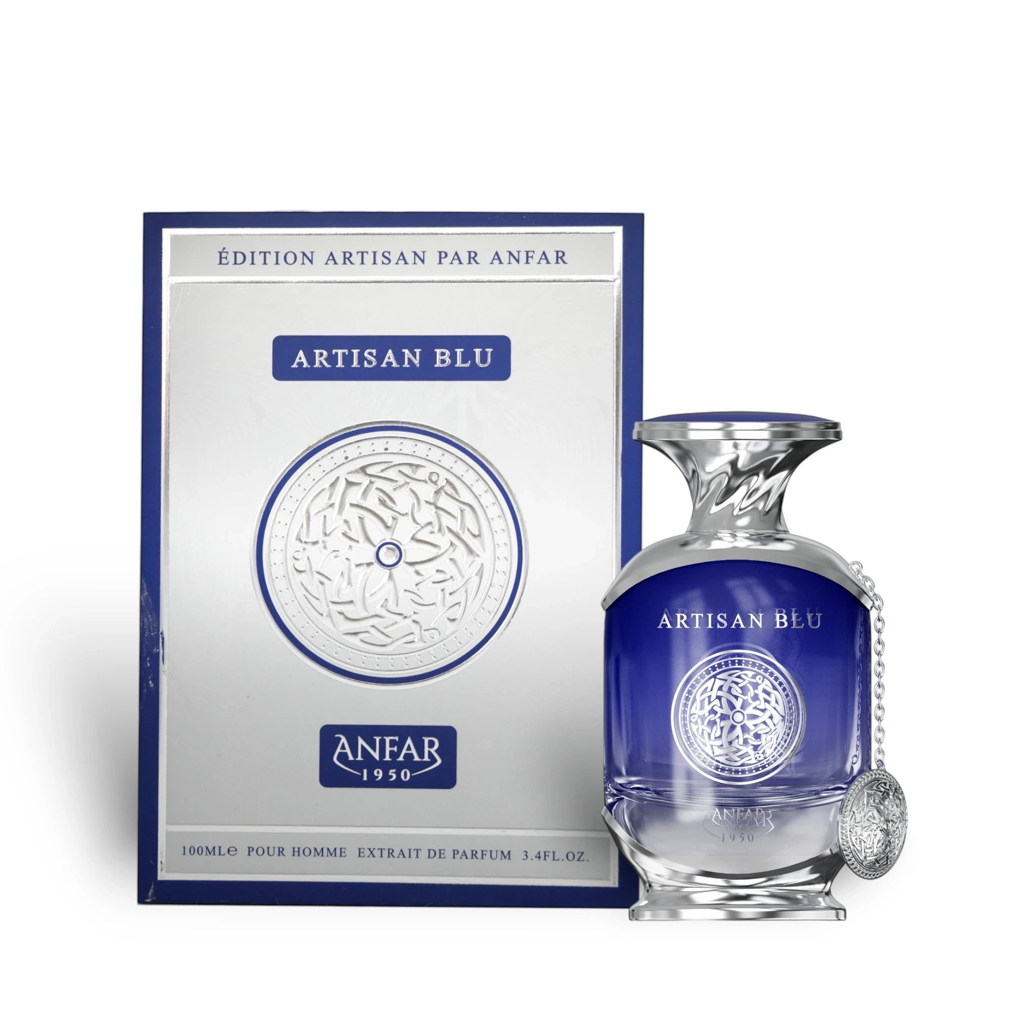 Soghaat Anfar Artisan Blu 100ml Extrait de Parfum bottle and box with blue glass and silver metallic accents.