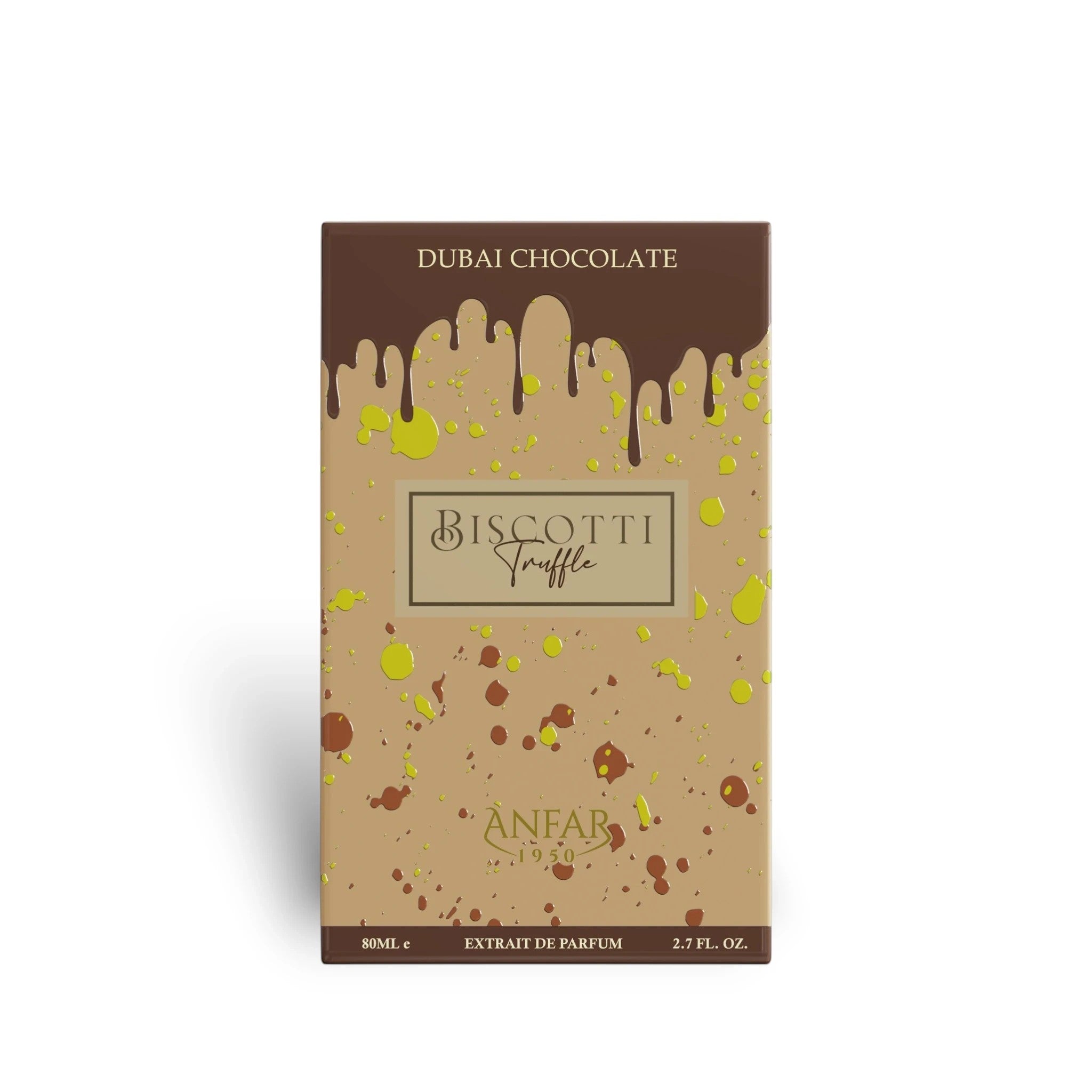 Soghaat Anfar Biscotti Truffle 80ml Extrait de Parfum box with chocolate drip and biscuit-themed design