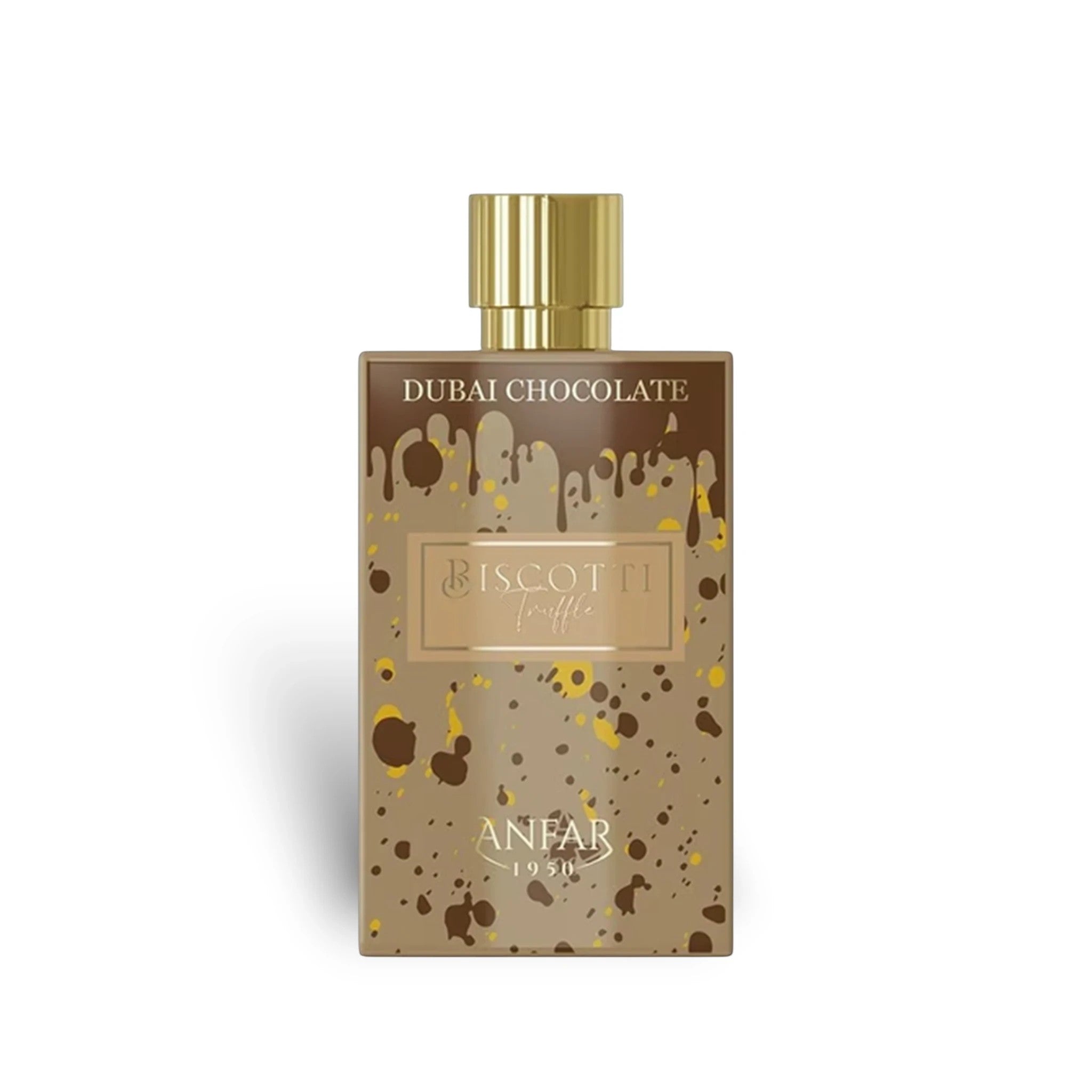 Soghaat Anfar Biscotti Truffle Extrait de Parfum 80ml bottle with a brown and gold chocolate-splatter design.