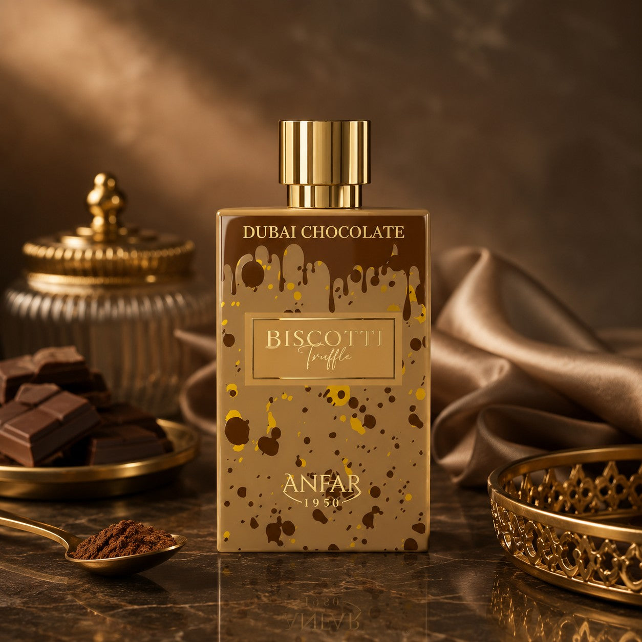 Soghaat Anfar Biscotti Truffle Extrait de Parfum bottle with chocolate drip design on a luxury dark marble surface.