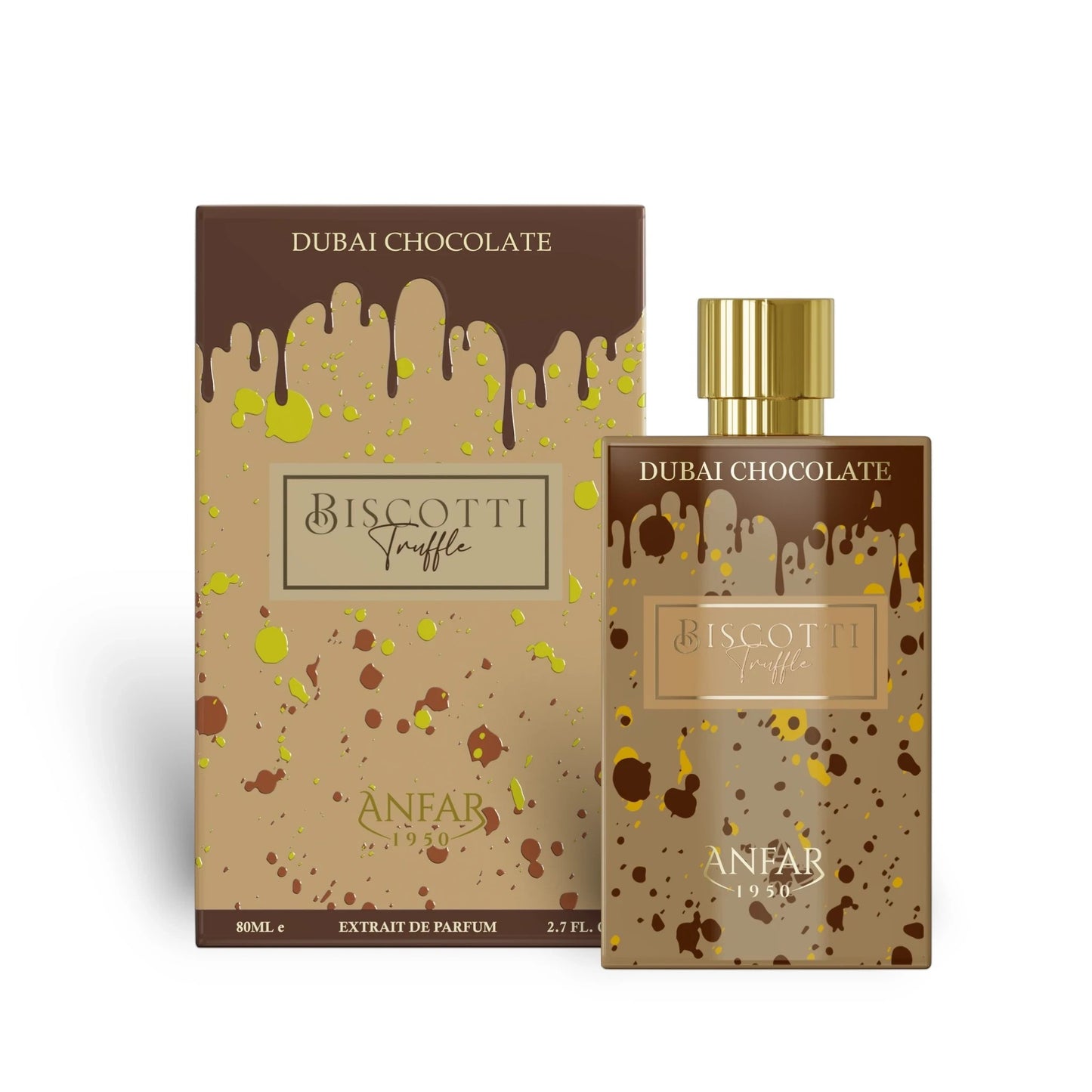 Soghaat Anfar Biscotti Truffle 80ml Extrait de Parfum bottle and box with chocolate drip and splatter design.