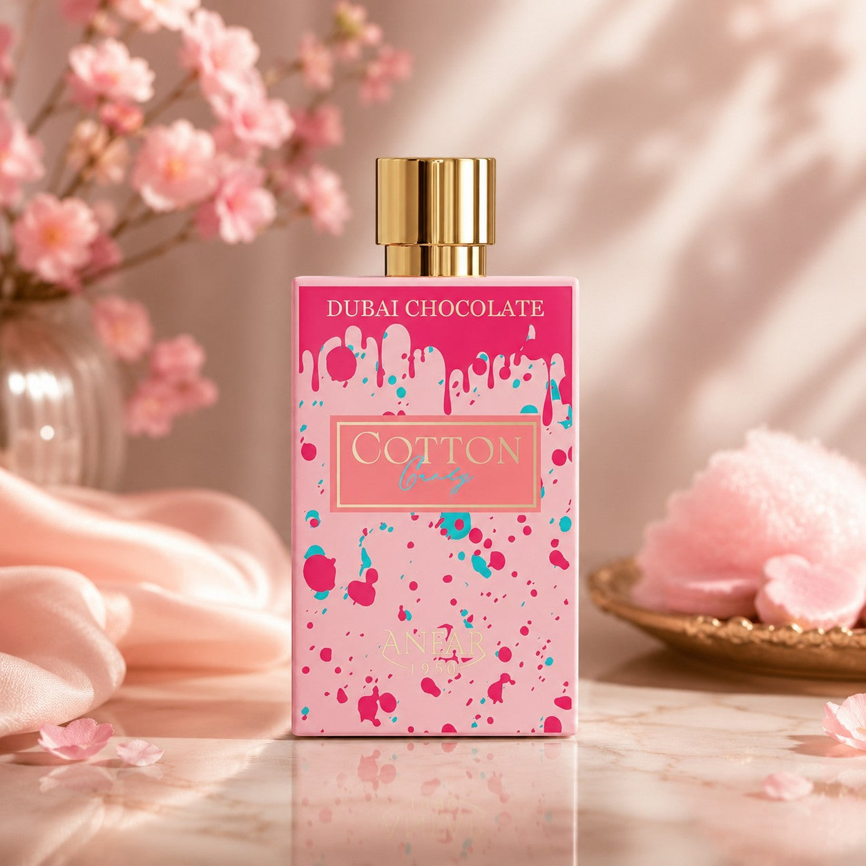 Soghaat Anfar Cotton Candy Extrait de Parfum in a pink bottle with paint splatter design and gold cap on marble.