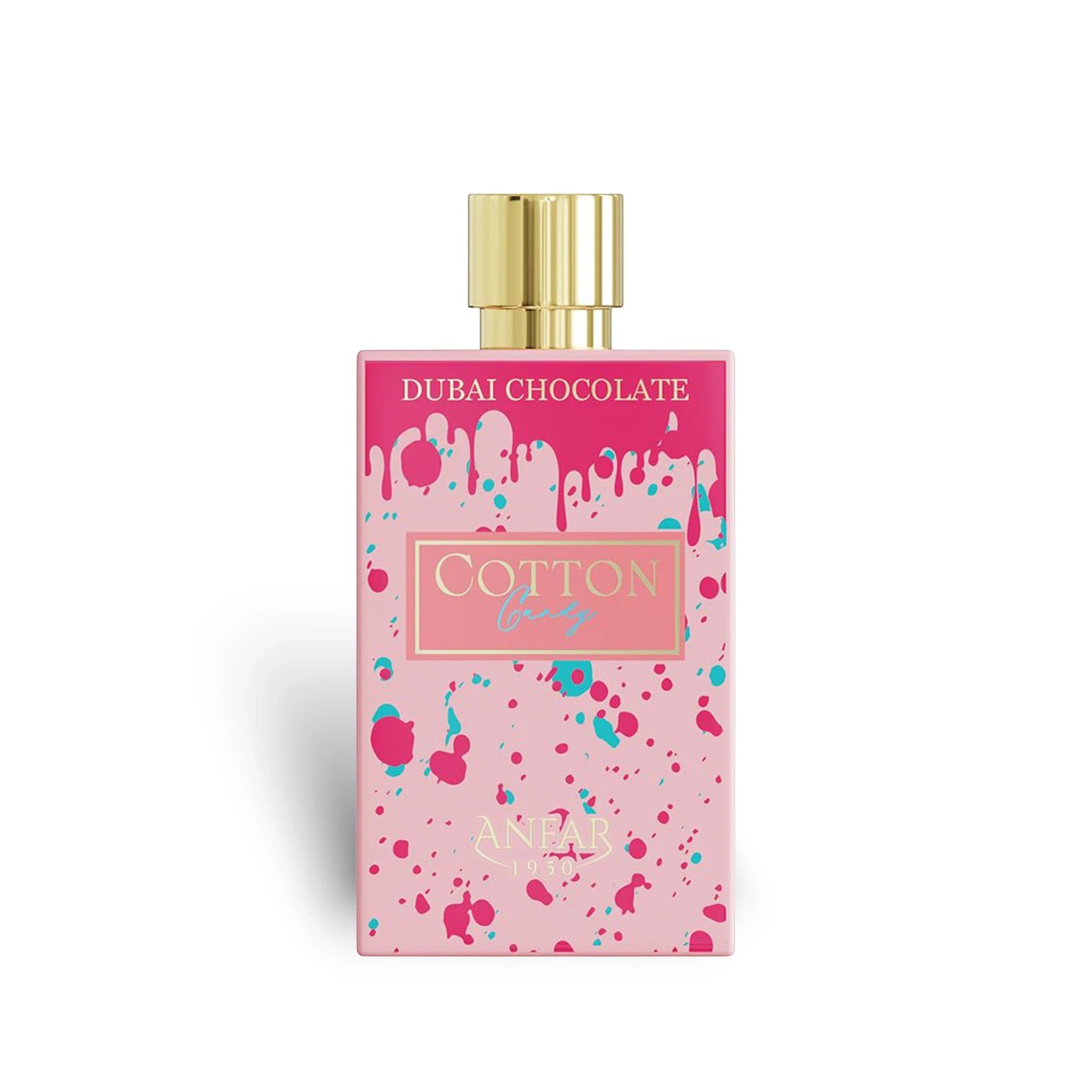 Soghaat Anfar Cotton Candy Extrait de Parfum in a pink rectangular bottle with colourful paint splatter design.