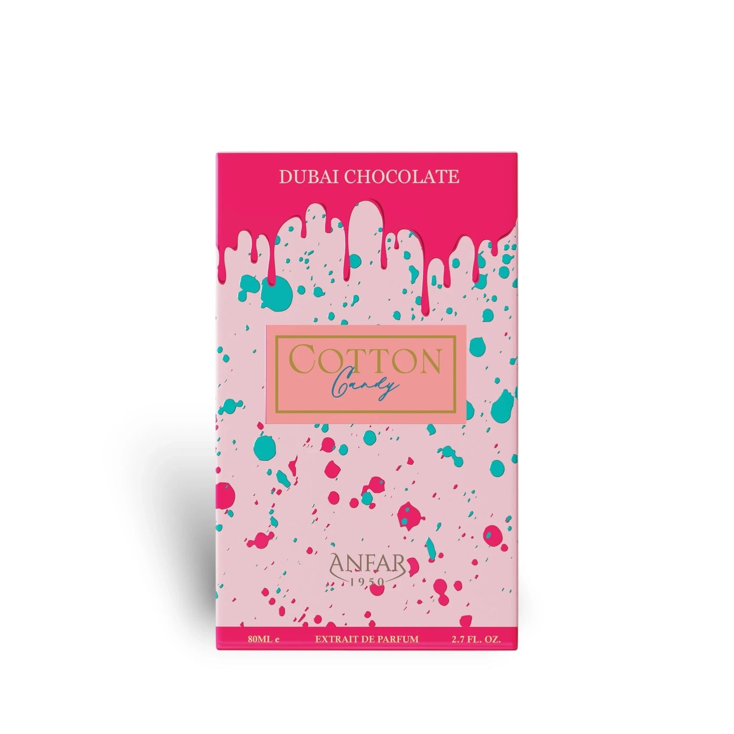 Soghaat Anfar Cotton Candy 80ml Extrait de Parfum box with pink and turquoise paint splatter design.