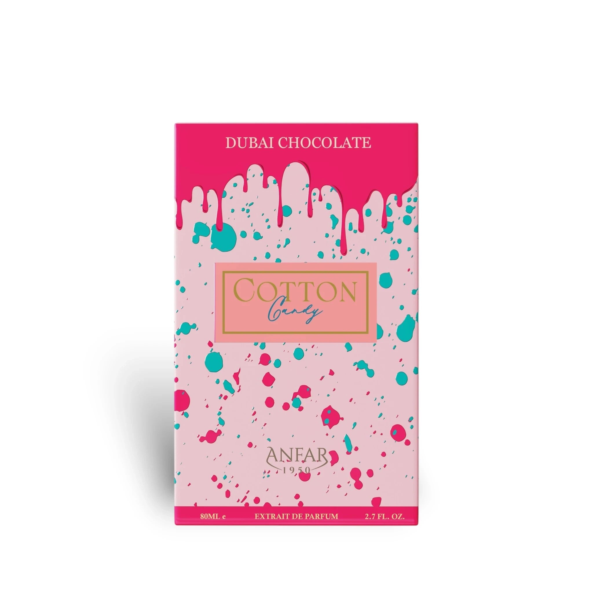 Soghaat Anfar Cotton Candy 80ml Extrait de Parfum box with pink and turquoise paint splatter design.