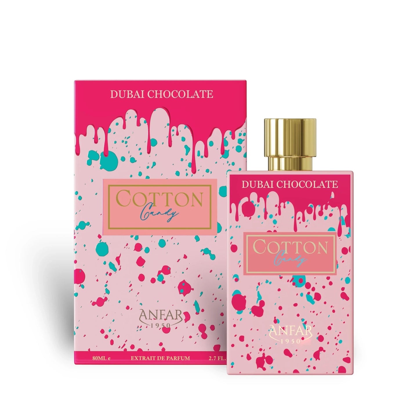Soghaat Anfar Cotton Candy Extrait de Parfum bottle and box with pink, blue, and white paint splatter design.