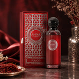 Soghaat Anfar Fouco 100ml Extrait de Parfum in a red bottle and matching box with intricate silver geometric patterns.