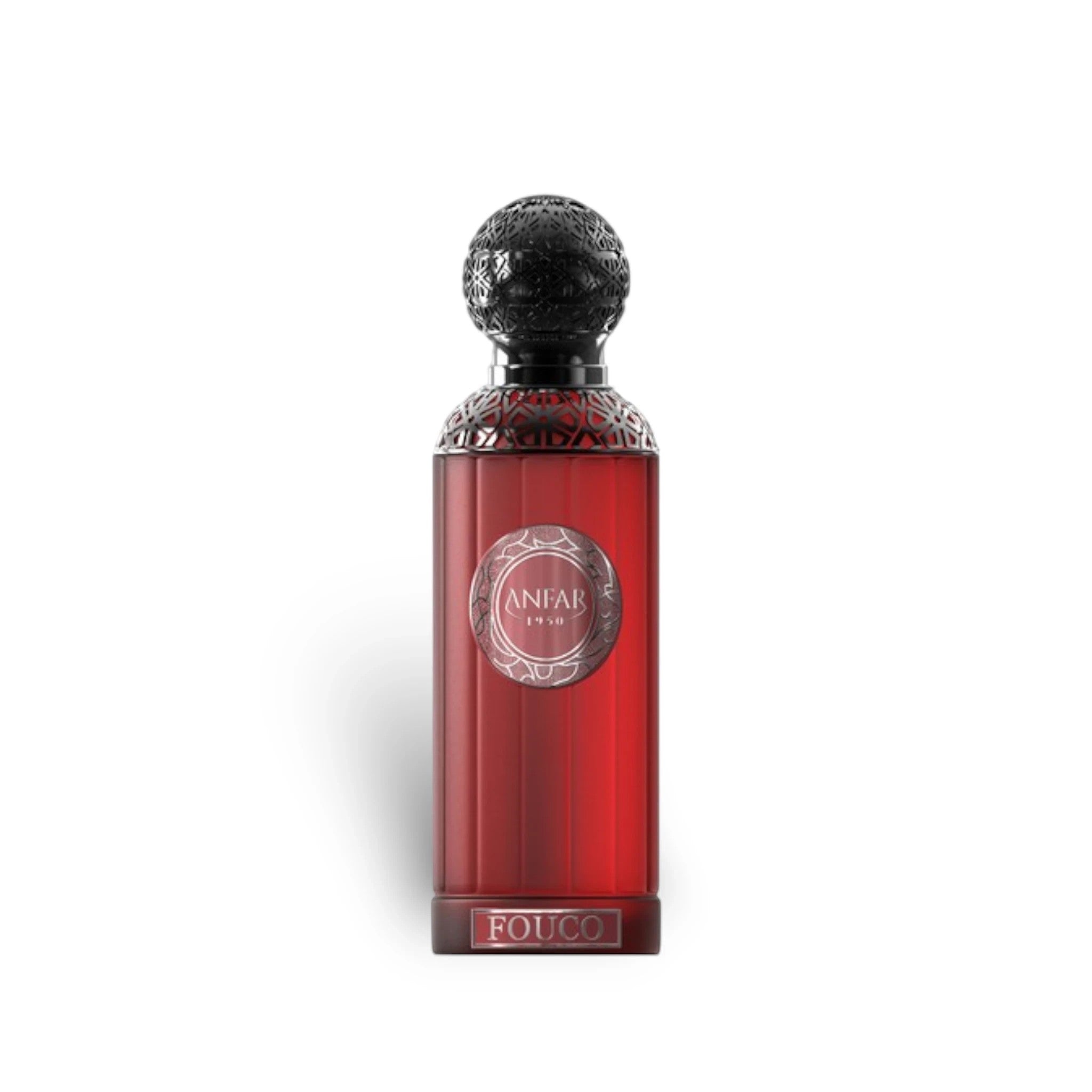 Soghaat Anfar Fouco Extrait de Parfum in a tall red glass bottle with a decorative black cap for men.