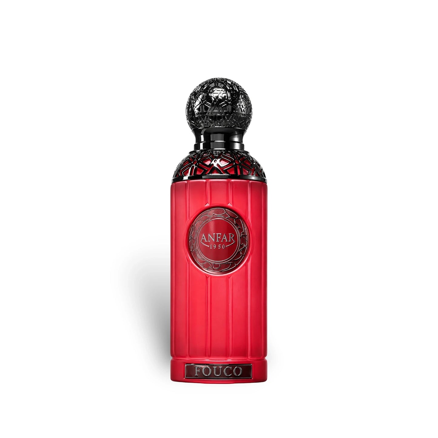 Soghaat Anfar Fouco 100ml Extrait de Parfum in a vibrant red bottle with an intricate black ornate cap.