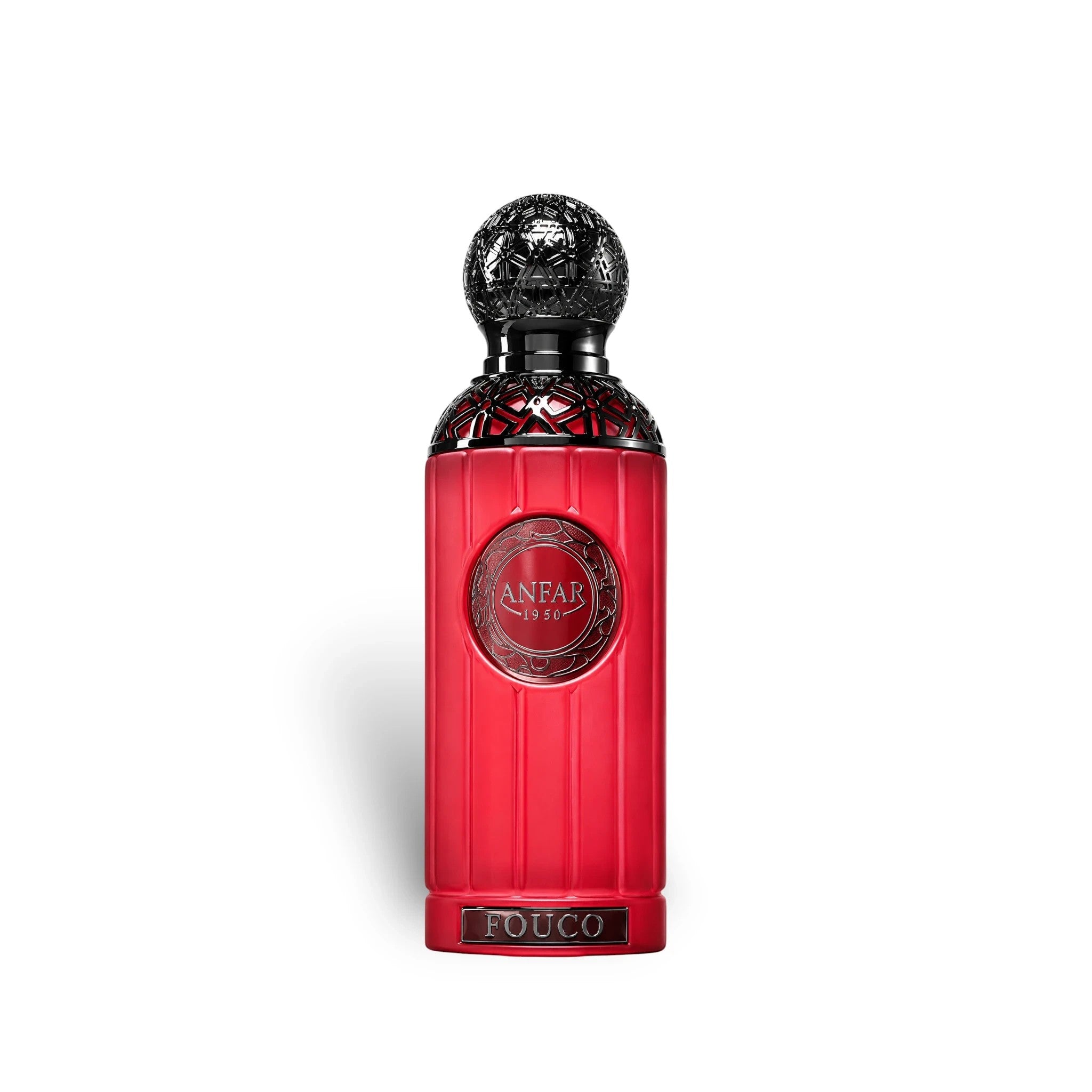 Soghaat Anfar Fouco 100ml Extrait de Parfum in a vibrant red bottle with an intricate black ornate cap.