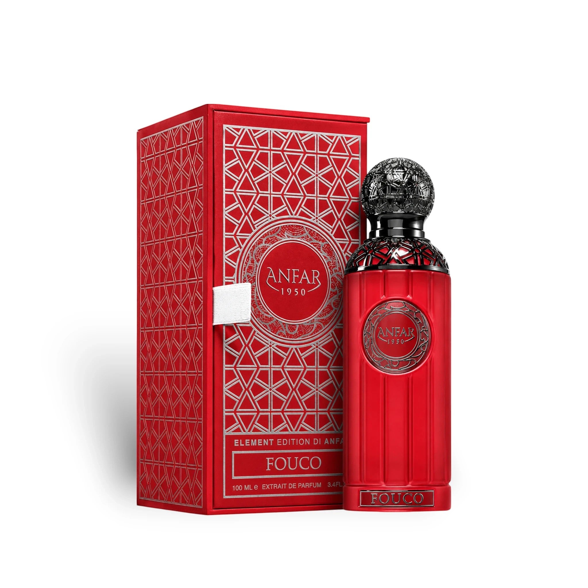 Soghaat Anfar Fouco 100ml Extrait de Parfum in a vibrant red bottle and matching patterned presentation box.