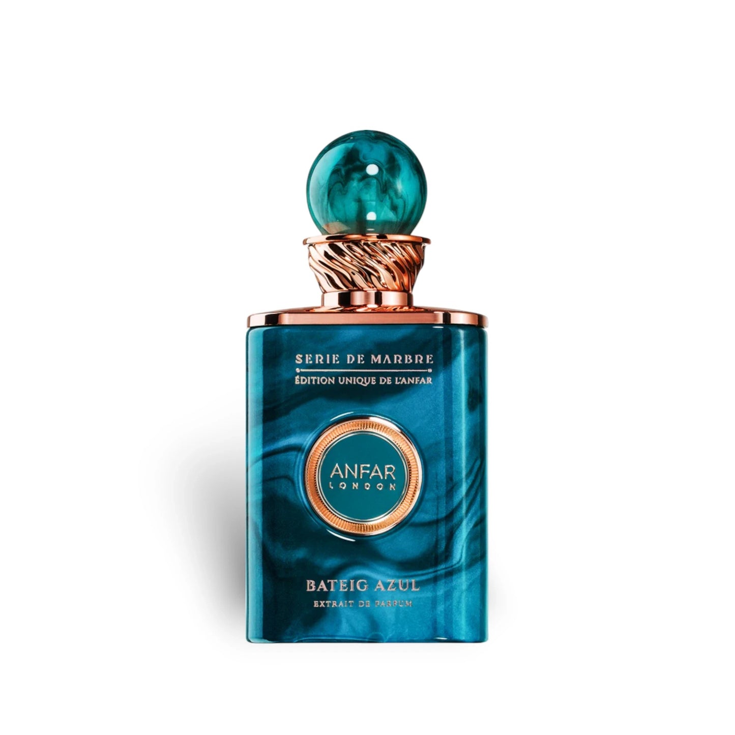 Soghaat Anfar London Bateig Azul Extrait de Parfum in a teal marble-effect glass bottle with a rose gold cap.