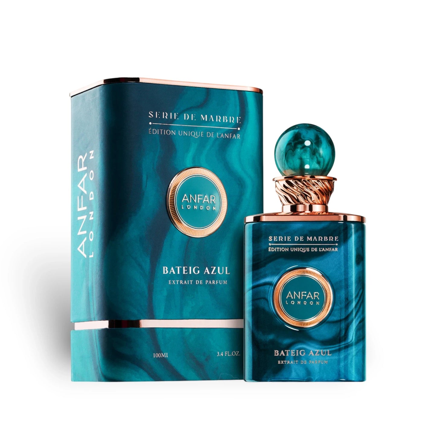 Soghaat Anfar London Bateig Azul 100ml Extrait de Parfum bottle and box with teal marble pattern and gold accents.