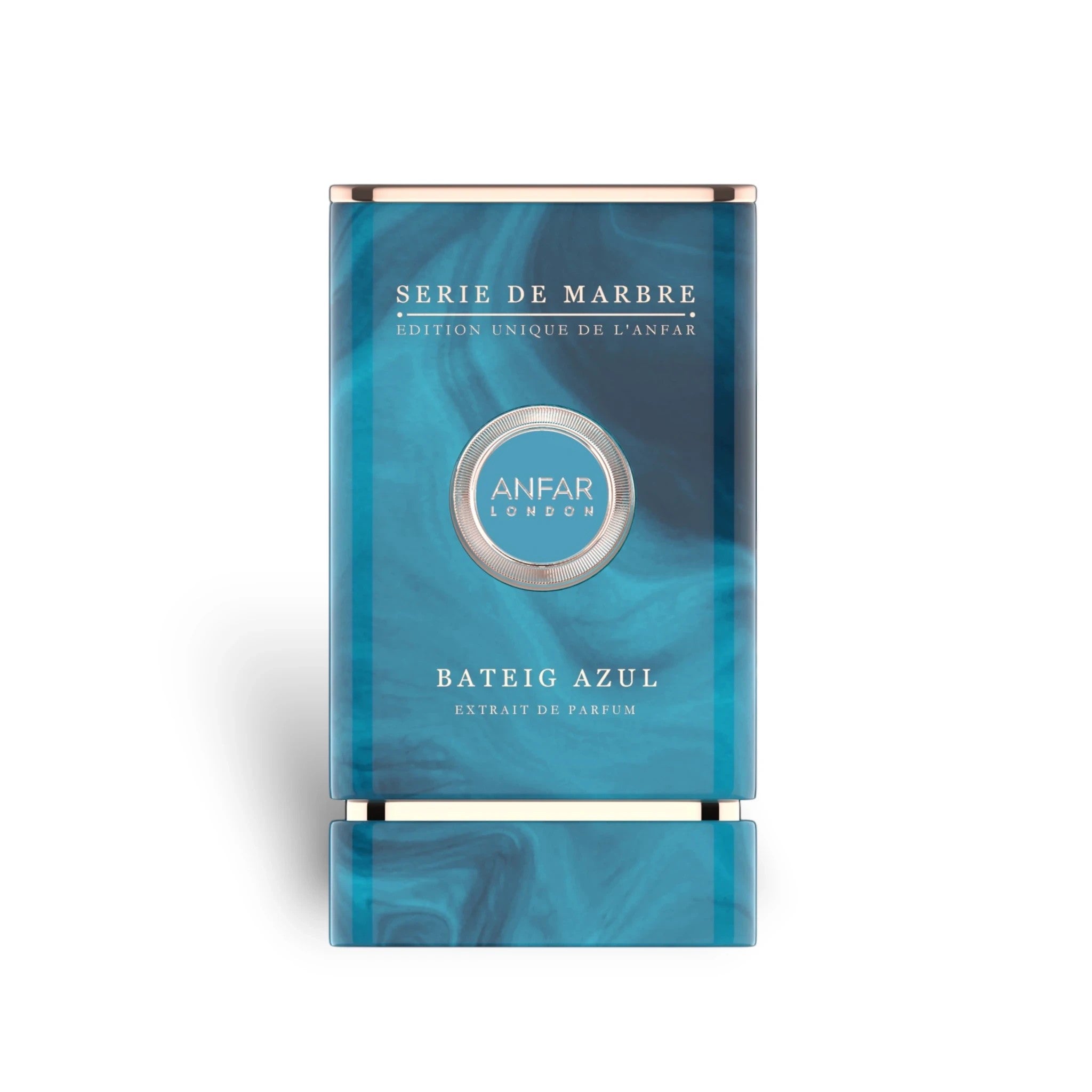 Soghaat Anfar London Bateig Azul Extrait de Parfum in a rectangular blue marble-effect bottle with silver accents.