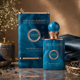 Soghaat Anfar London Bateig Azul Extrait de Parfum bottle and box in deep blue marble finish with gold accents.