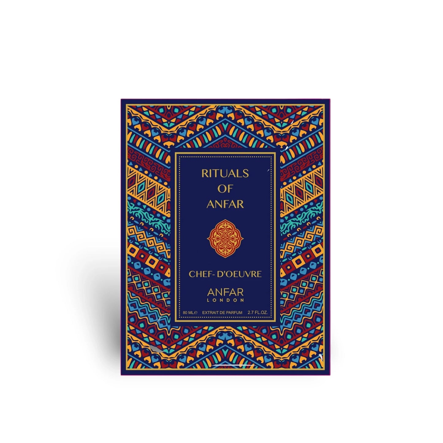 Soghaat Anfar London Chef d’Oeuvre 80ml Extrait de Parfum box with intricate blue, red, and gold geometric patterns.
