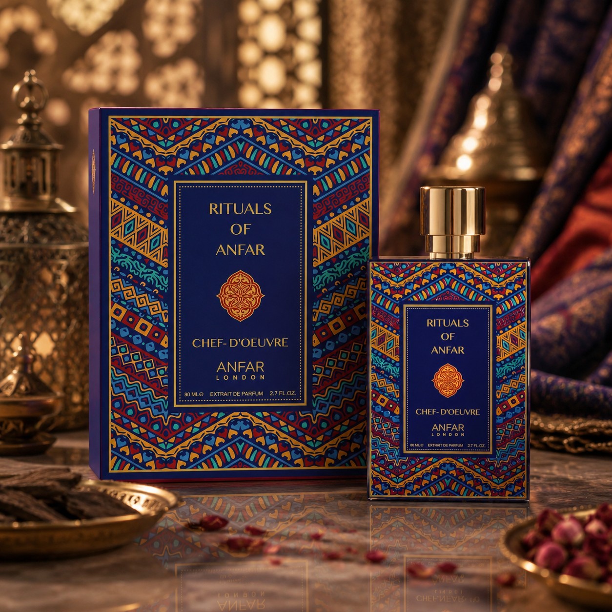 Soghaat Anfar London Chef d’Oeuvre Extrait de Parfum bottle and box with vibrant geometric patterns on a table.