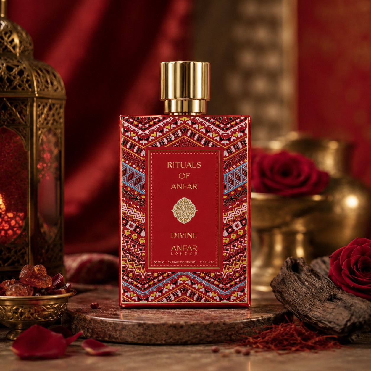 Soghaat Anfar London Divine Extrait de Parfum in a decorative red bottle with intricate patterns, surrounded by roses.