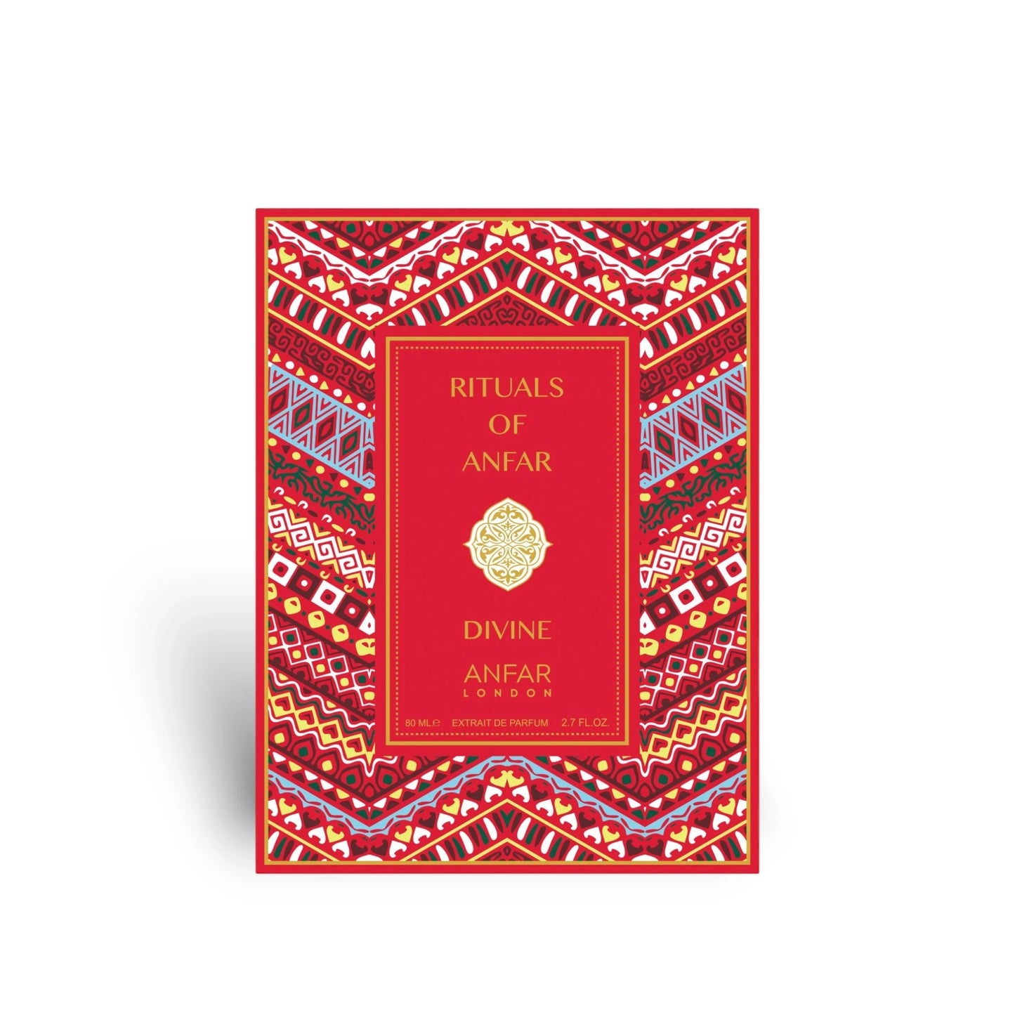 Soghaat Divine by Anfar London 80ml Extrait de Parfum in a vibrant red decorative box with intricate patterns.