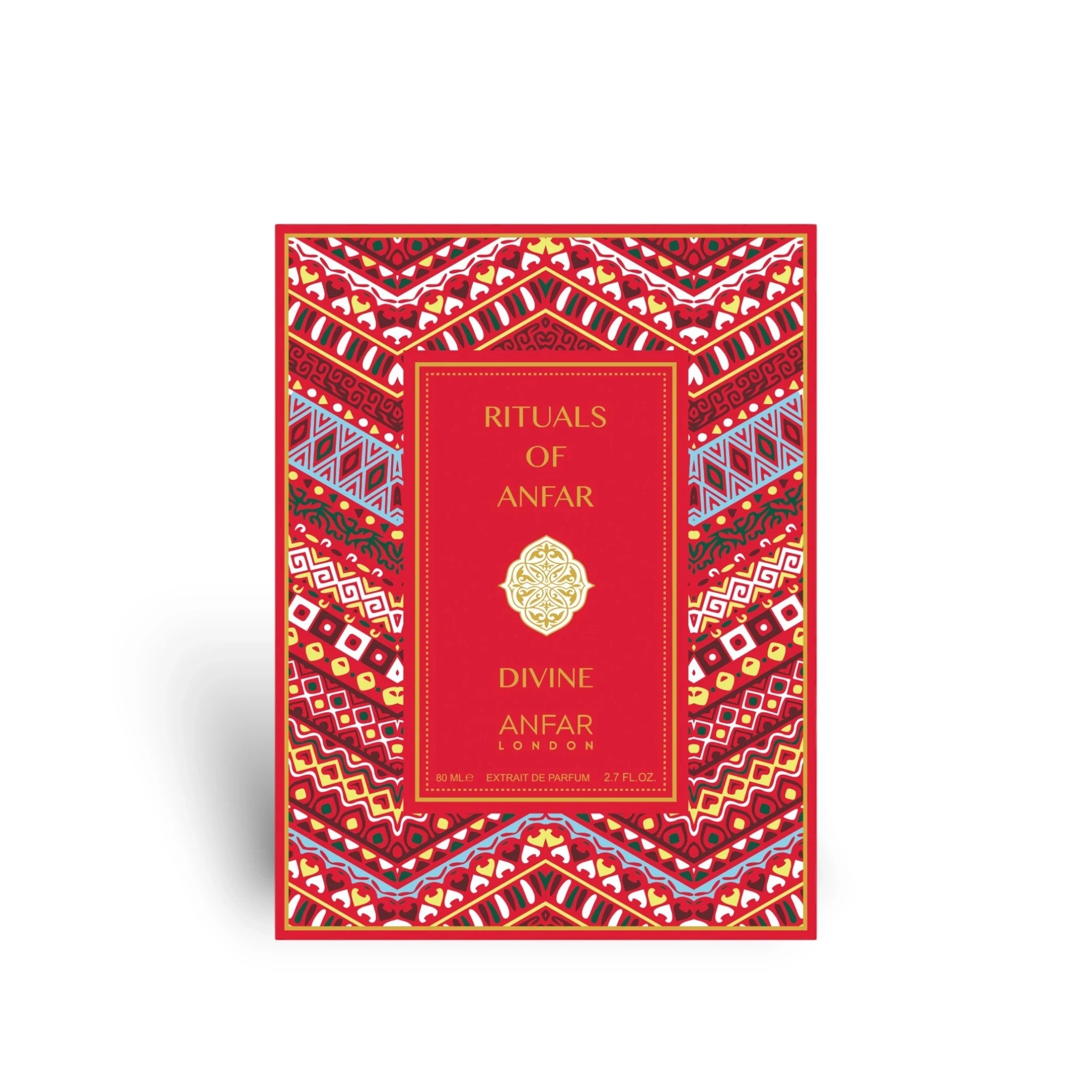 Soghaat Divine by Anfar London 80ml Extrait de Parfum in a vibrant red decorative box with intricate patterns.