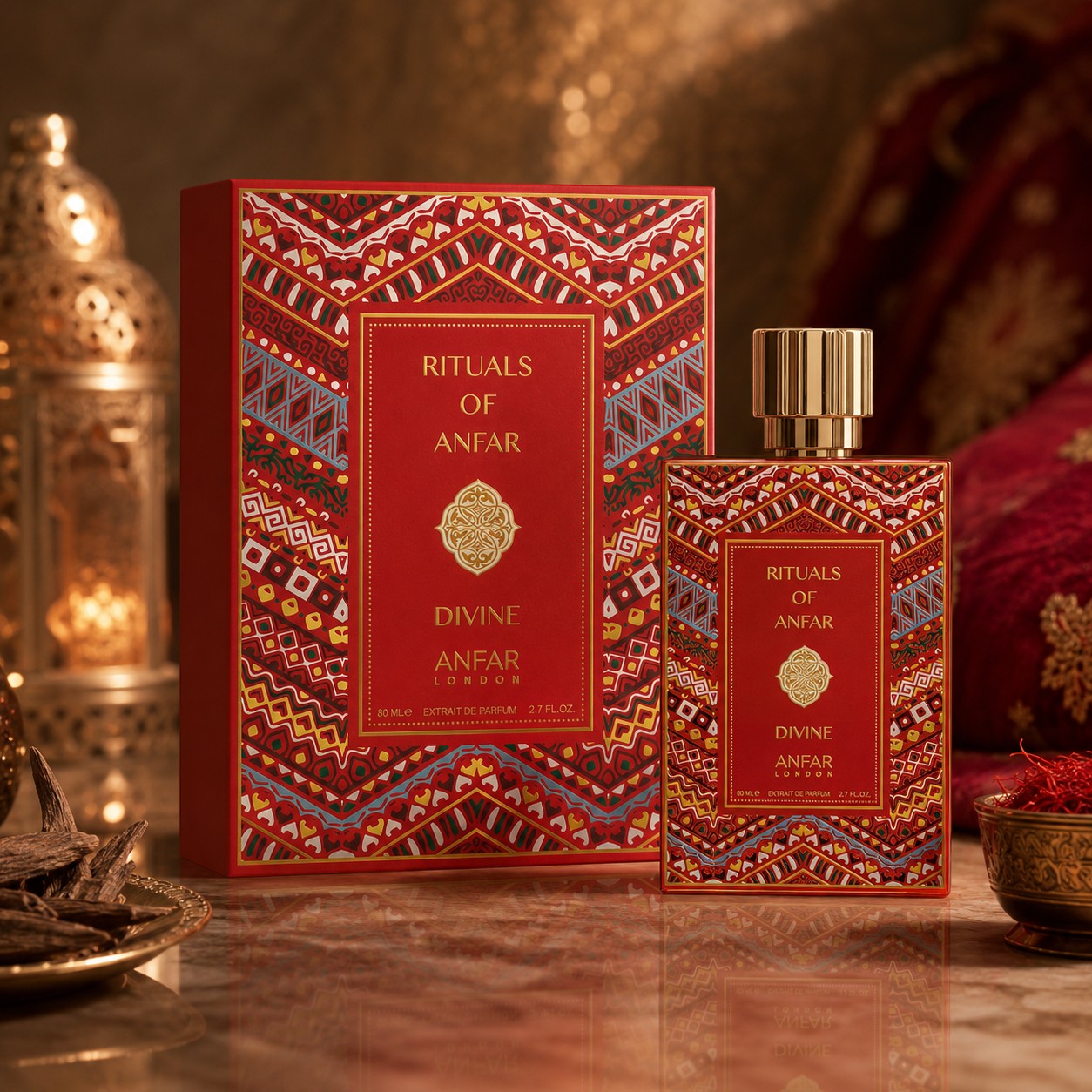 Soghaat Anfar London Divine Extrait de Parfum bottle and decorative red patterned box on a marble surface.