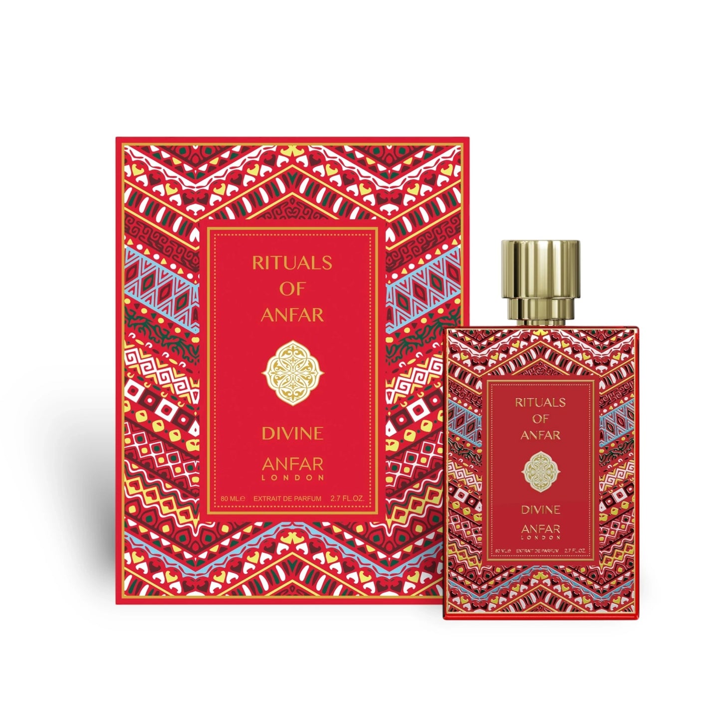 Soghaat Anfar London Divine Extrait de Parfum bottle and decorative red patterned box with gold accents.
